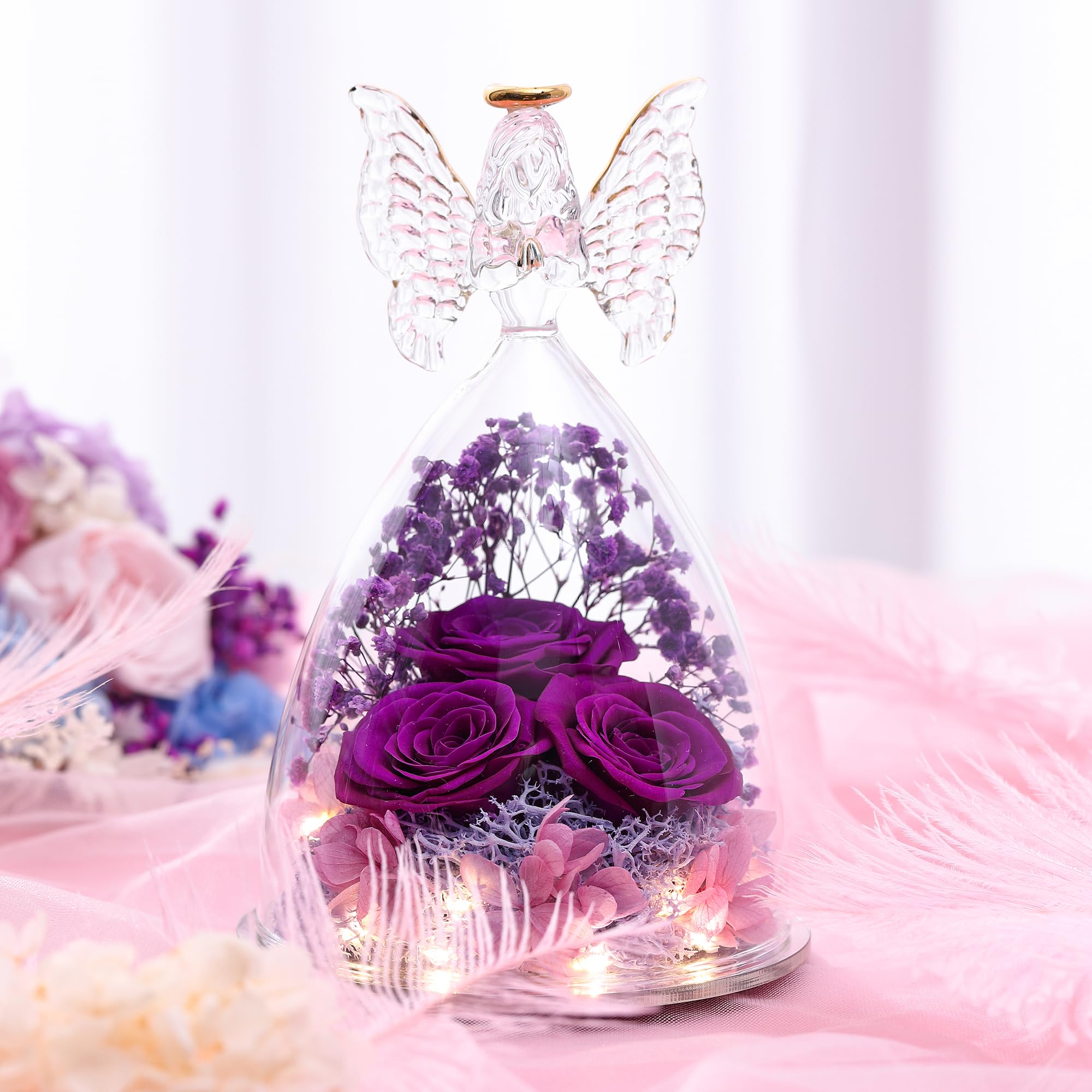 Glass Angel Figurine with 3 Preserved Real Roses - Eternal Keepsake Gift for Women, Mothers Day Present, Home Decor & Spiritual Guardian (Purple)
