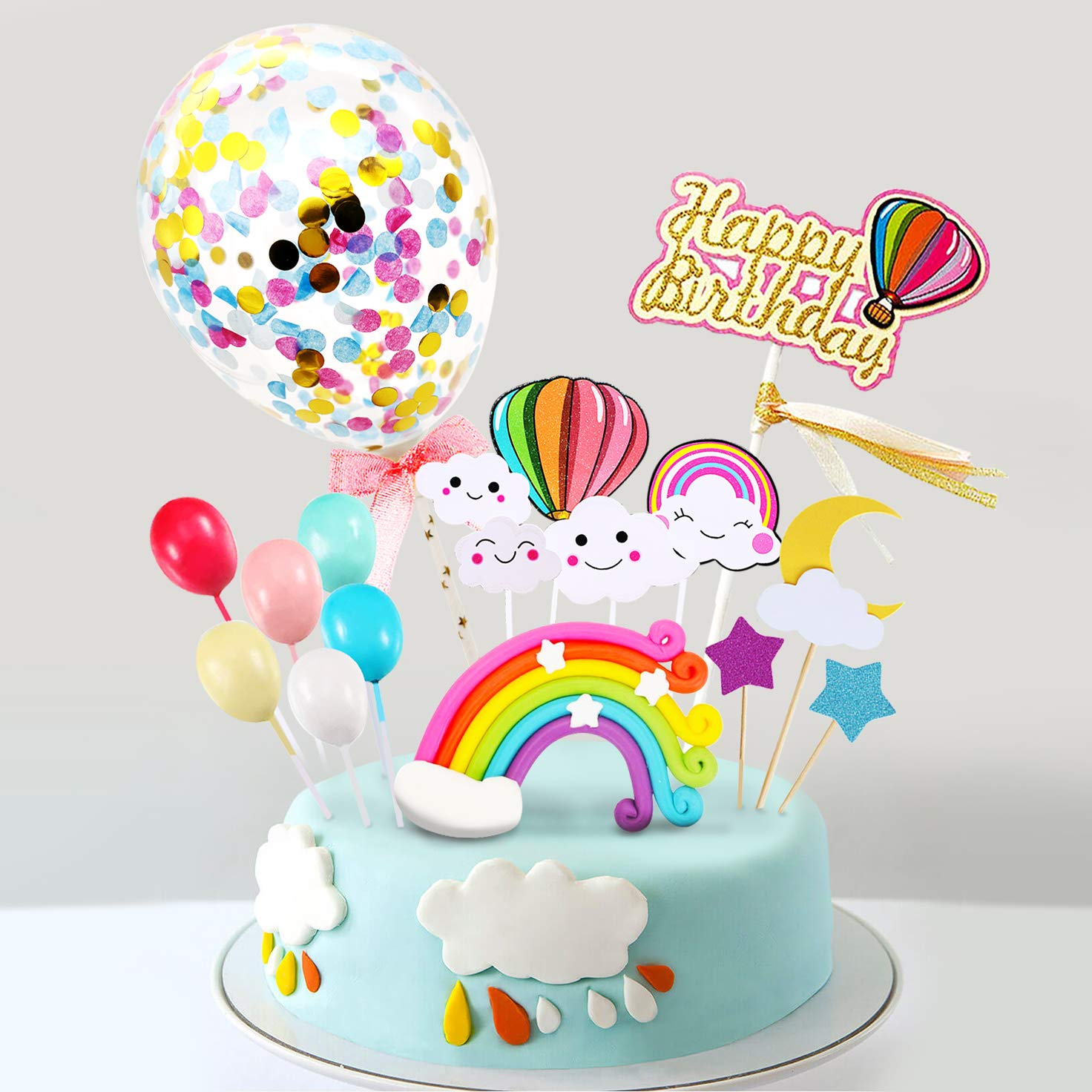 MOVINPE Happy Birthday Cake Topper - Rainbow Cloud & Confetti Balloons Decorations for Boys Girls Kids Birthday Parties | Perfect for Birthday Cakes, Cupcakes, Dessert Tables & Party Decorations