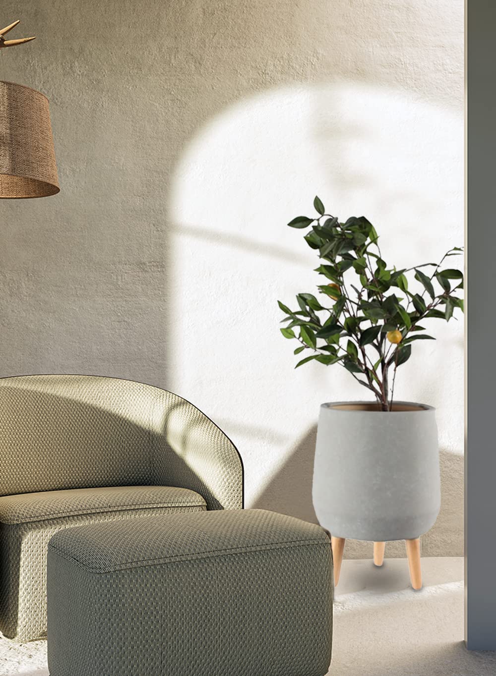 Serene Spaces Living Grey Ceramic Plant Pot Holder with Wooden Legs - 15.75