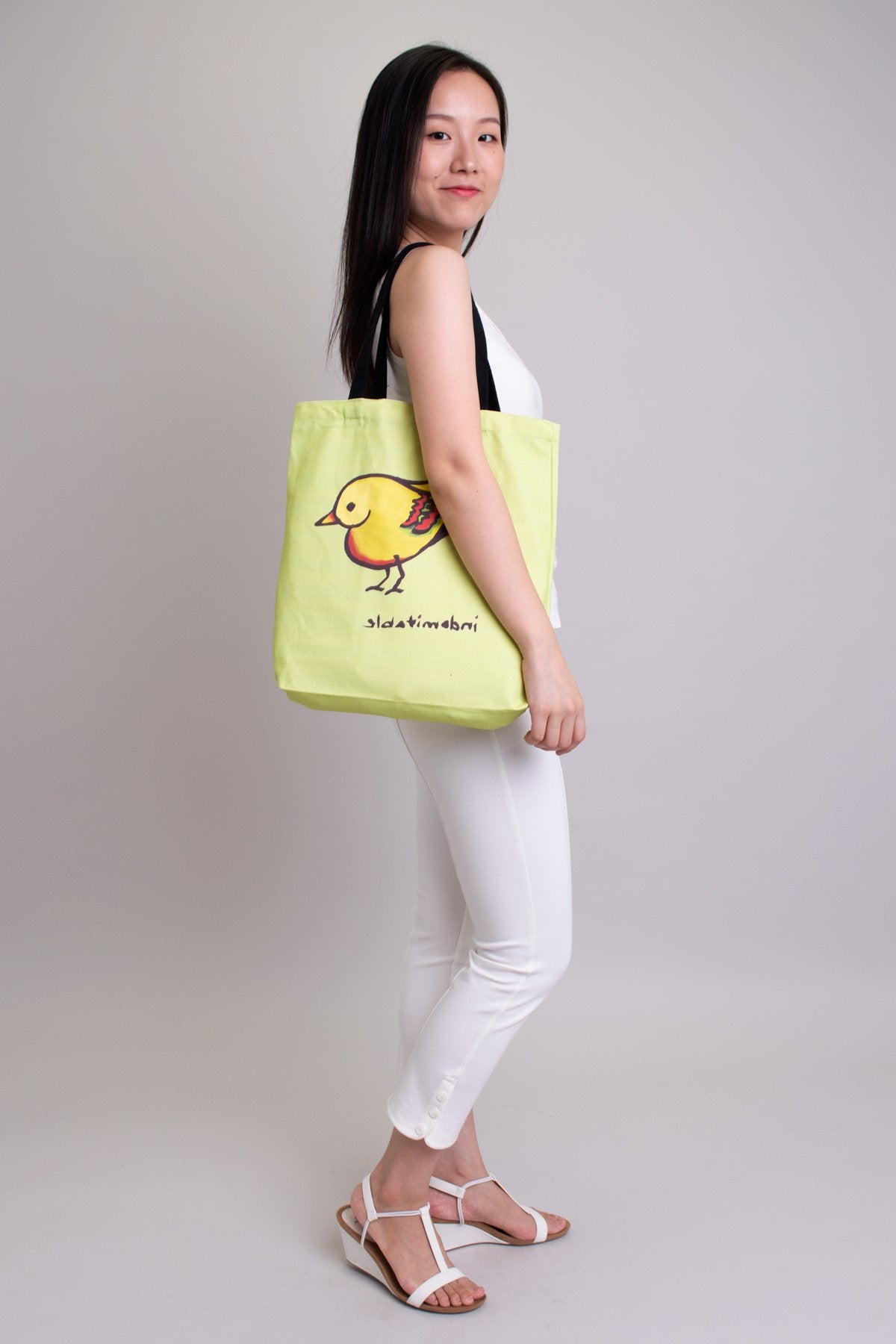 Green Heartbird Cotton Tote Bag - Eco-Friendly Artwork Tote for Shopping, Beach & Daily Use