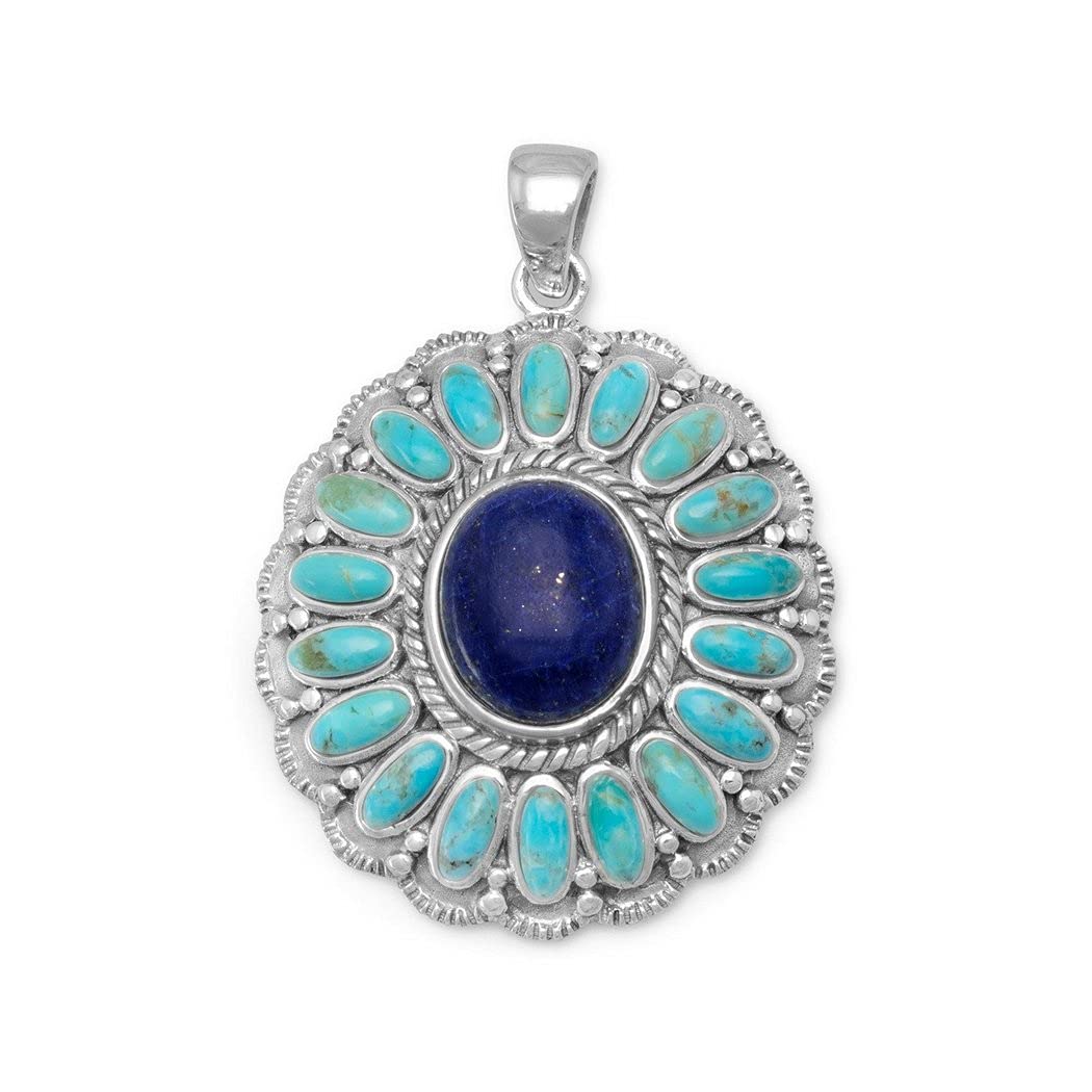 925 Sterling Silver Flower Pendant Necklace with Simulated Turquoise & Lapis - Oxidized Vintage Jewelry for Women | Perfect Gift for Birthday, Anniversary & Special Occasions