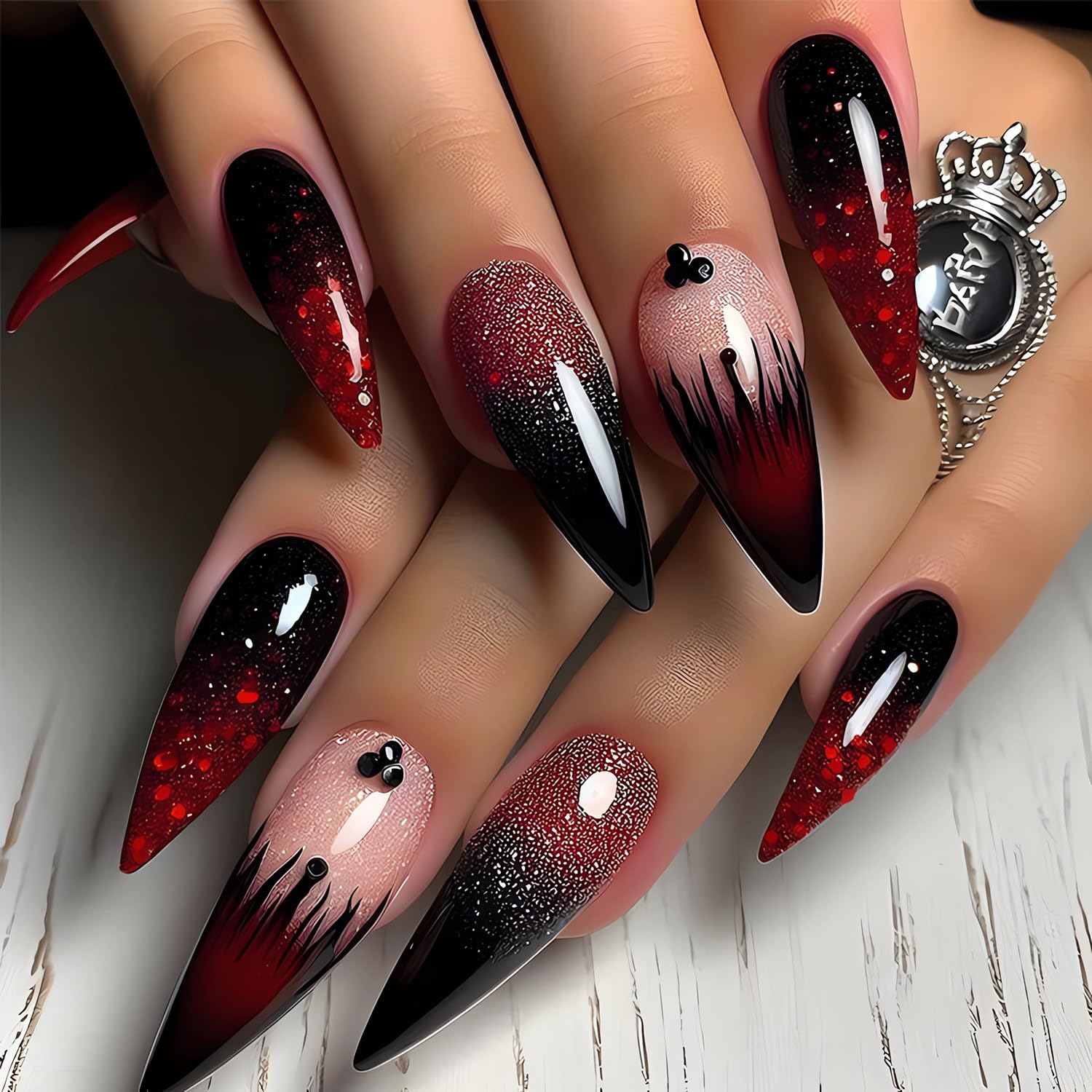 Long Stiletto Press on Nails - Black Red Gradient with Diamond Glitter | Glossy Full Cover Fake Nails | French Acrylic False Nail Tips | Cute Stick on Nails for Women | Perfect for Parties, Weddings & Special Occasions