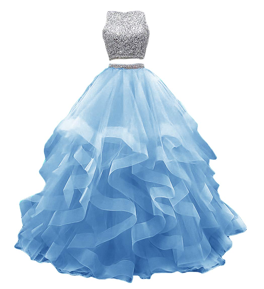 KaBuNi 2 Piece Prom Dress Long Beaded Quinceanera Gown - Elegant Layered Ruffle Tulle Sweet 16 Ball Gown for Homecoming, Wedding, Pageant & Formal Events