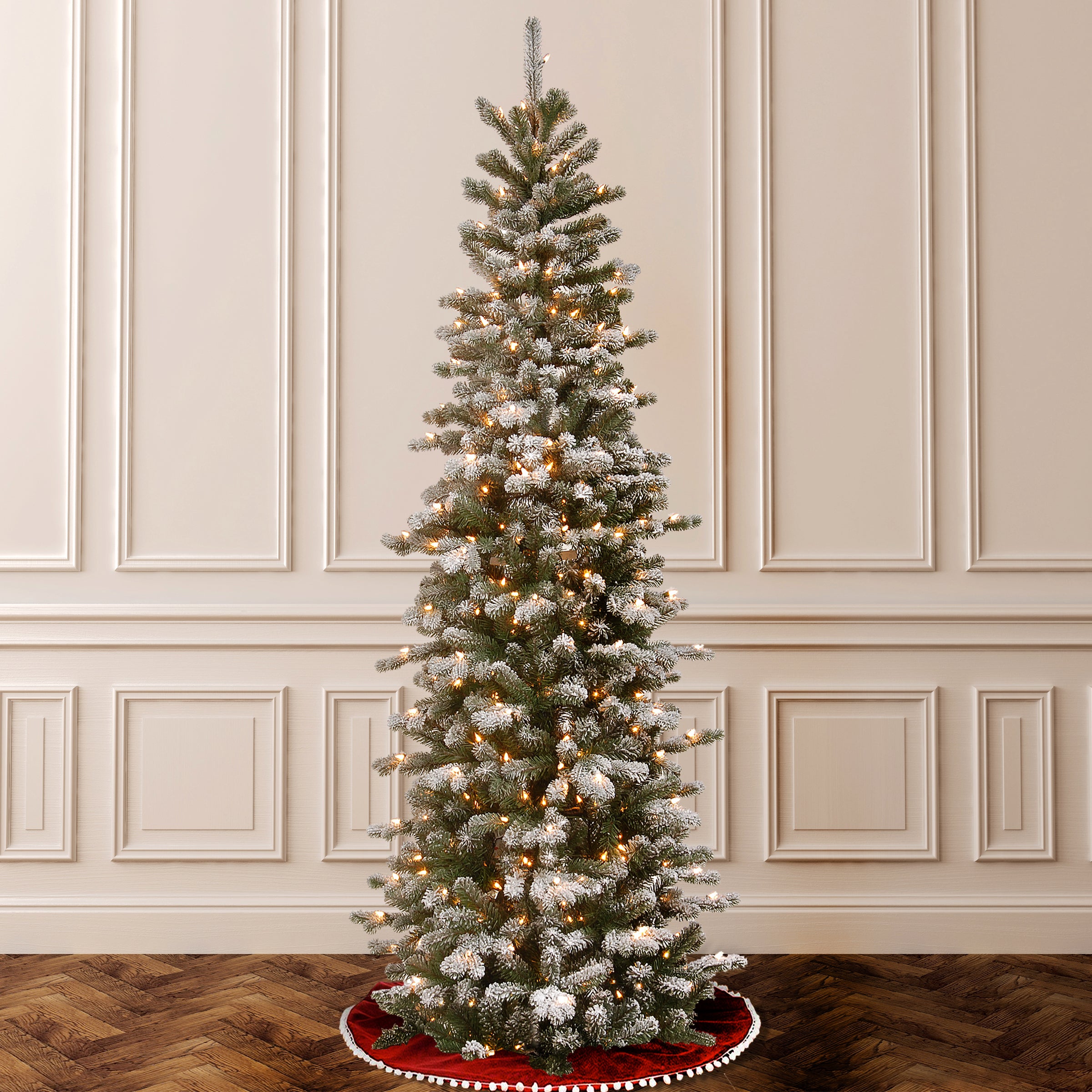 7.5 ft Pre-Lit Snowy Sheffield Spruce Pencil Slim Artificial Christmas Tree with PowerConnect Clear Lights - Perfect for Living Room, Office & Holiday Decor