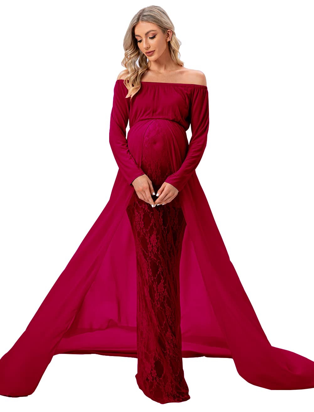ZIUMUDY Women's Maternity Photoshoot Dress - Elegant Long Sleeve Off Shoulder Lace Gown with Flowy Chiffon Train Layer for Pregnancy Photo Shoots, Baby Showers & Special Occasions