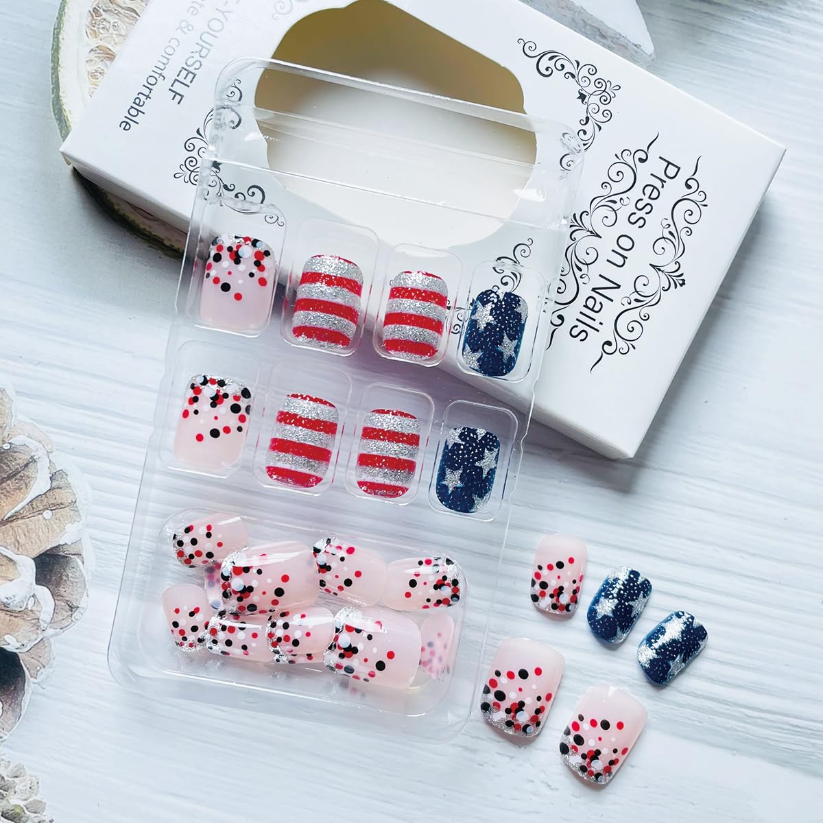 4th of July Press on Nails - Short Square Glitter Acrylic Fake Nails with Patriotic Star Stripe Design | 24Pcs DIY Independence Day False Nails for Women | Perfect for Parties, Celebrations & Nail Art