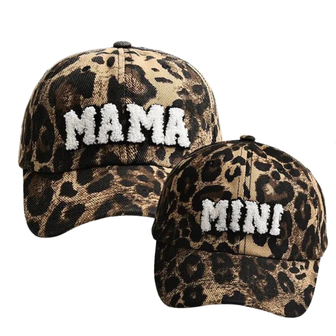 Leopard Print Matching Hats for Women and Kids - Mother Daughter Hats Set of 2, Embroidered Patch Mom and Son Hats, Mommy and Me Hats for Boys & Girls | Perfect for Family Photos, Outdoor Activities, and Mother-Child Bonding Moments