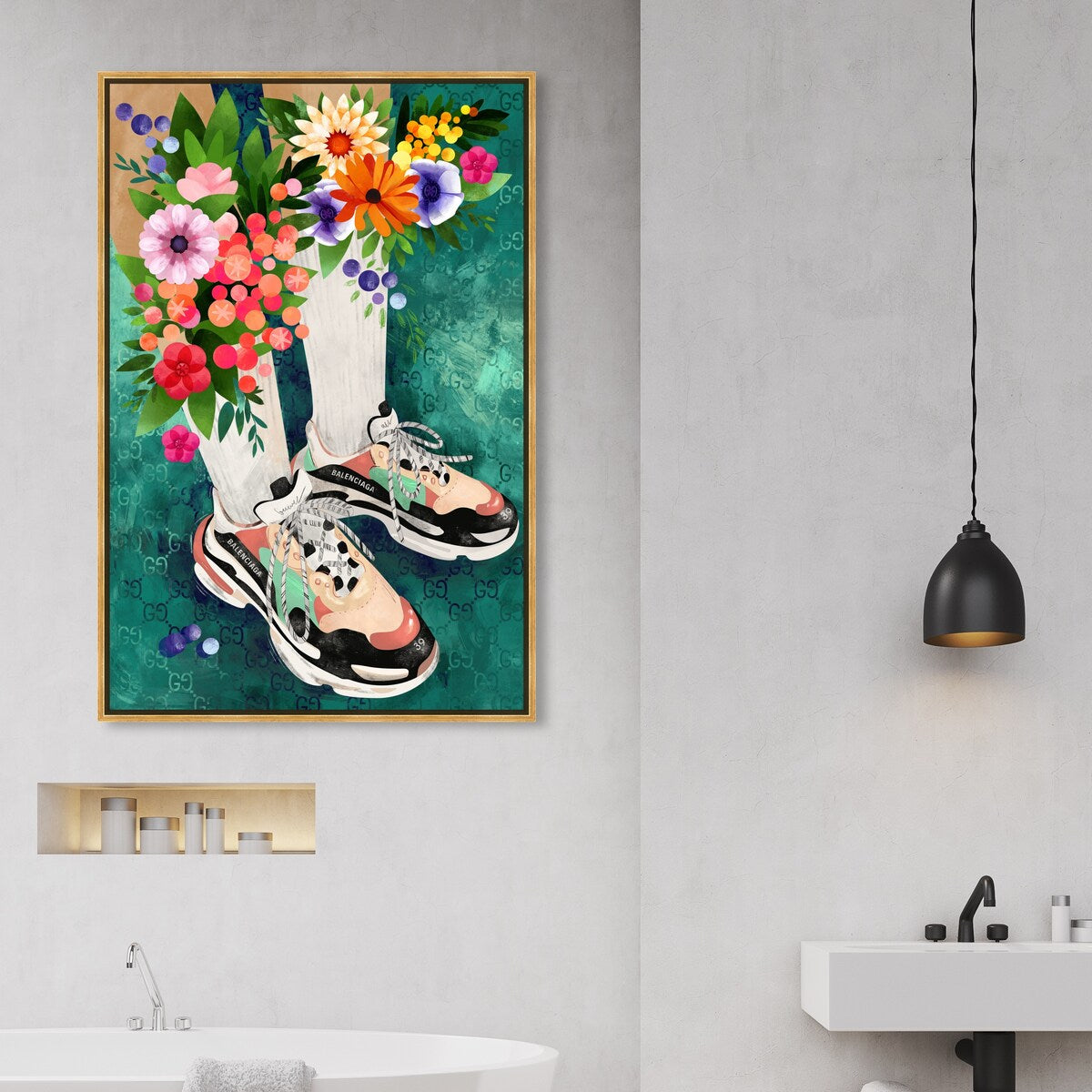 Stylish Floral Sneakers & Socks Set with Modern Green Framed Canvas Wall Art - Perfect for Bedroom Decor and Fashion Outfits | Home & Fashion Combo