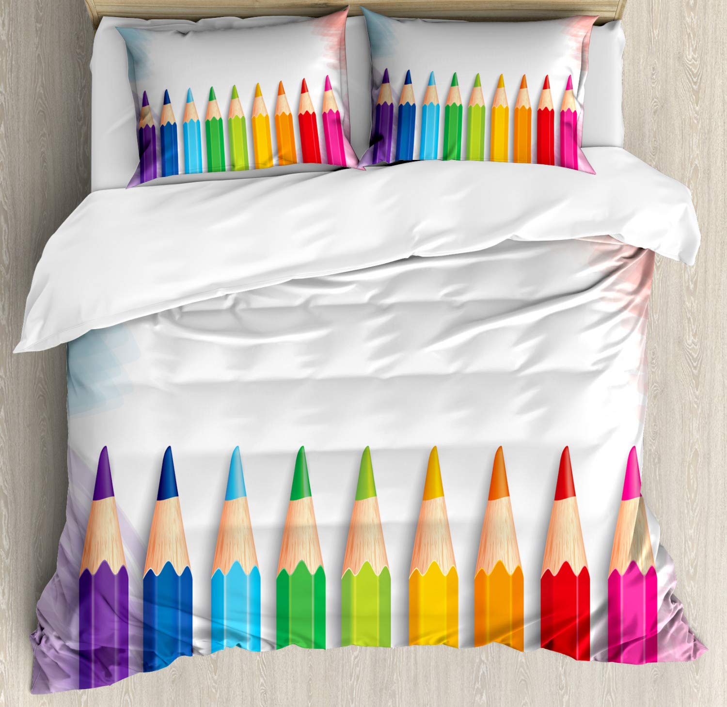 Ambesonne Science Duvet Cover Set - Realistic Colorful Pencils Digital Art on Pastel Backdrop, 3-Piece King Size Bedding Set with 2 Pillow Shams, Multicolor | Perfect for Kids' Rooms, Science-Themed Decor & Artistic Home Interiors