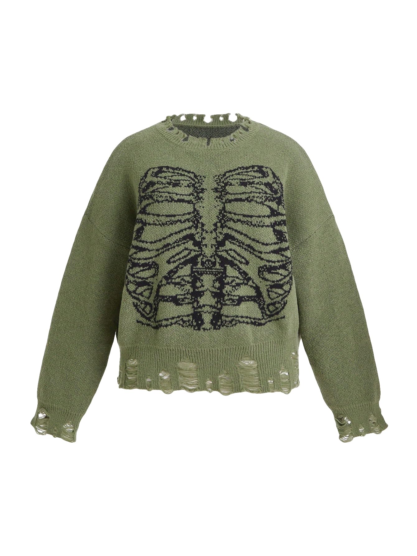 SHENHE Women's Plus Size Distressed Graphic Skeleton Print Raw Hem Loose Sweater Pullover | Casual Oversized Knit Top for Fall & Winter | Cozy Layering for Streetwear, Halloween, and Gothic Fashion