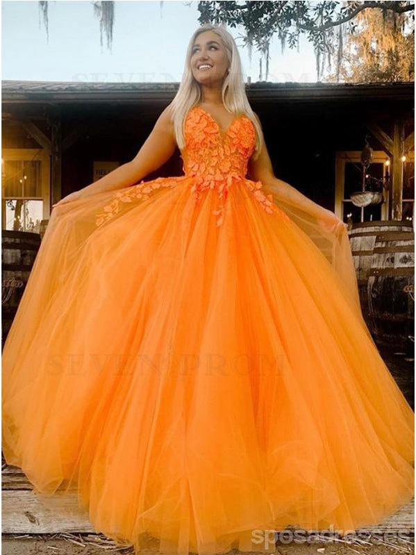 Elegant Orange A-Line Spaghetti Strap V-Neck Long Prom Dress for Women - Perfect for Homecoming, Ballroom Dance & Formal Events | Style 12607