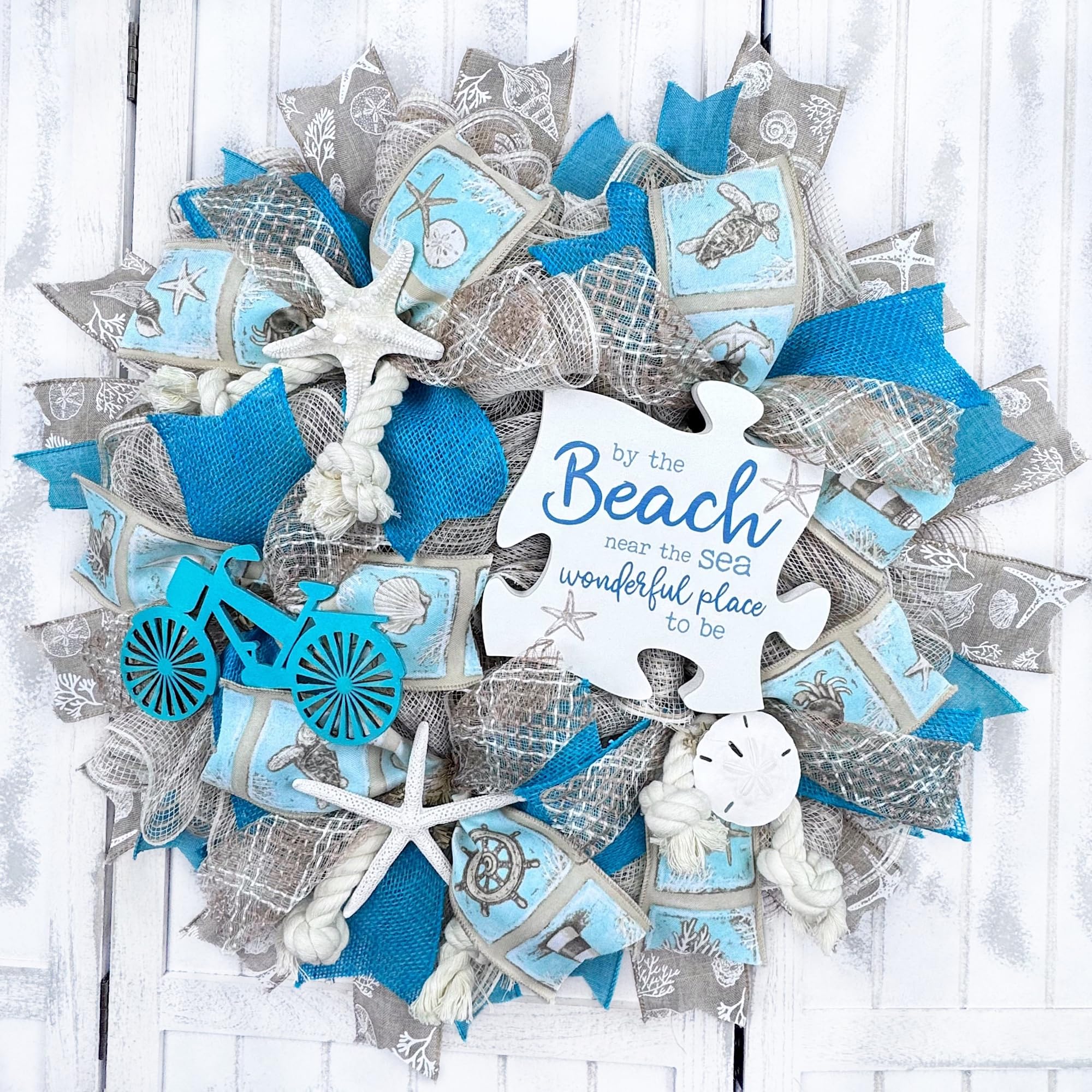 Handmade Coastal Beach Wreath with White Sand Deco Mesh, Starfish, Sand Dollar & Seashells - Perfect for Ocean-Themed Home Decor, Front Door Welcome or Beach House Wall Art