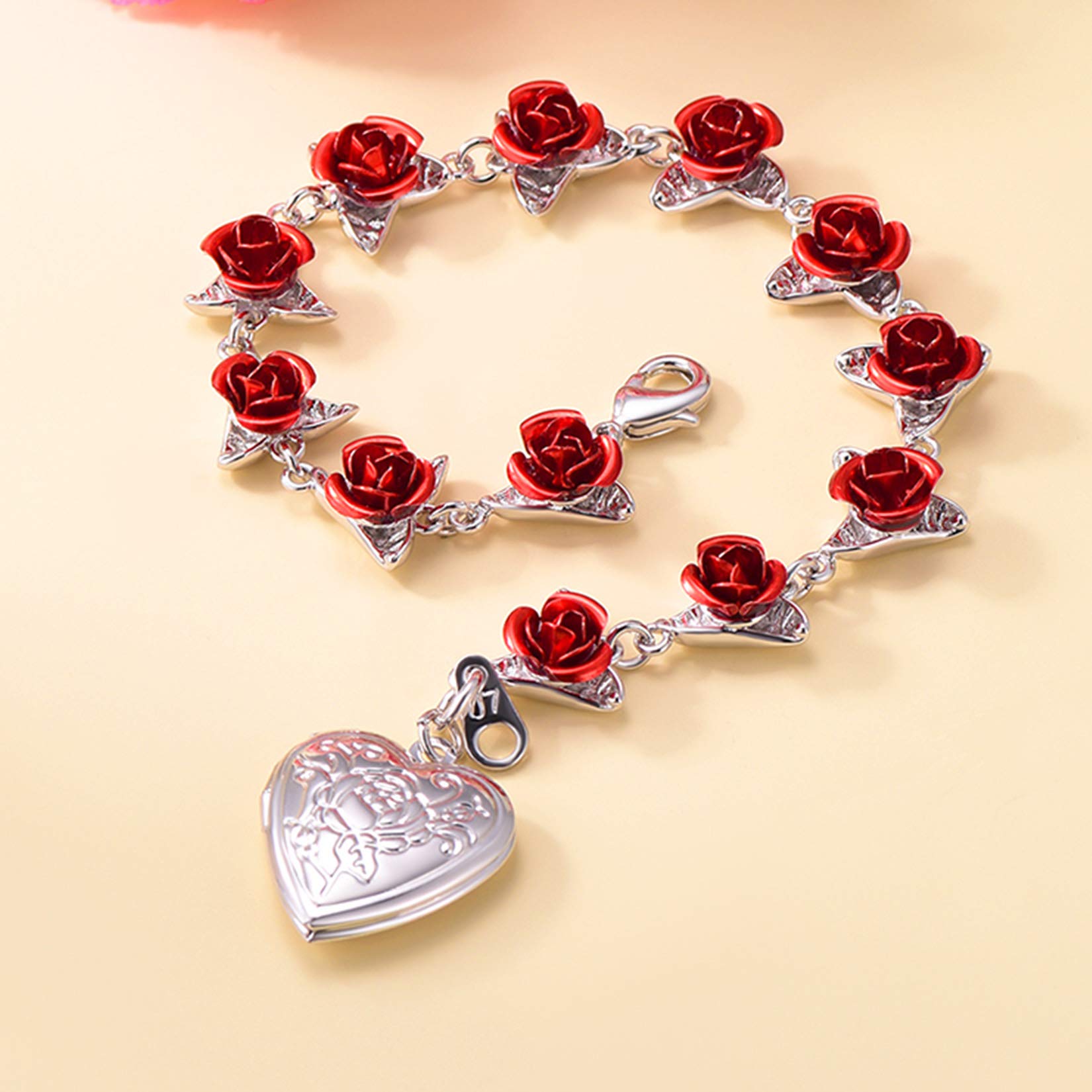 18K Gold Rose Link Bracelet for Women - Custom Engraved Name & Photo Jewelry Gift for Mom, Wife, Girlfriend - Romantic Birthday, Anniversary, Valentine's Day Present