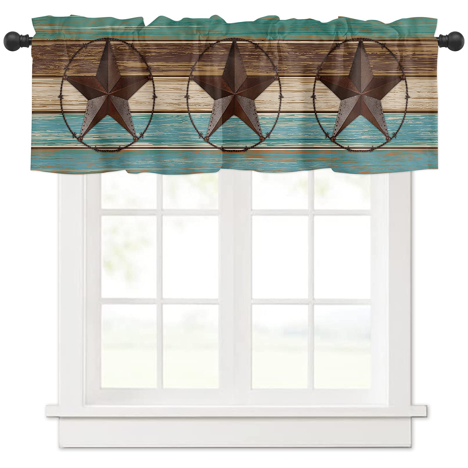 Texas Star Pentagram Iron Art Rod Pocket Window Valance Curtains 54x18 - Striped Wood Board Design for Living Room, Bedroom, Bathroom & Kitchen | Perfect for Small Windows, Home Decor & Seasonal Decorations