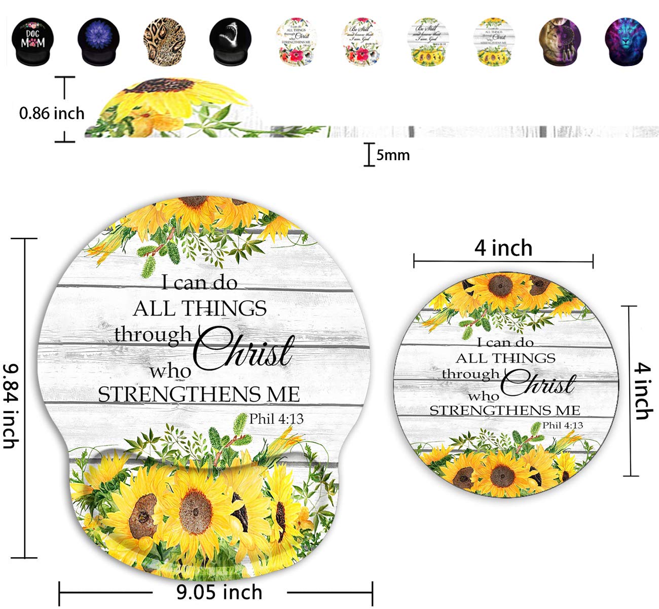 Ergonomic Mouse Pad with Gel Wrist Support - Non-Slip PU Base for Computer & Office Use - Gaming Mousepad with Pain Relief - Bible Verse Philippians 4-13 & Sunflower Design - Includes Cup Coaster - Perfect for Home Office, Gaming Setup & Workstation Comfort