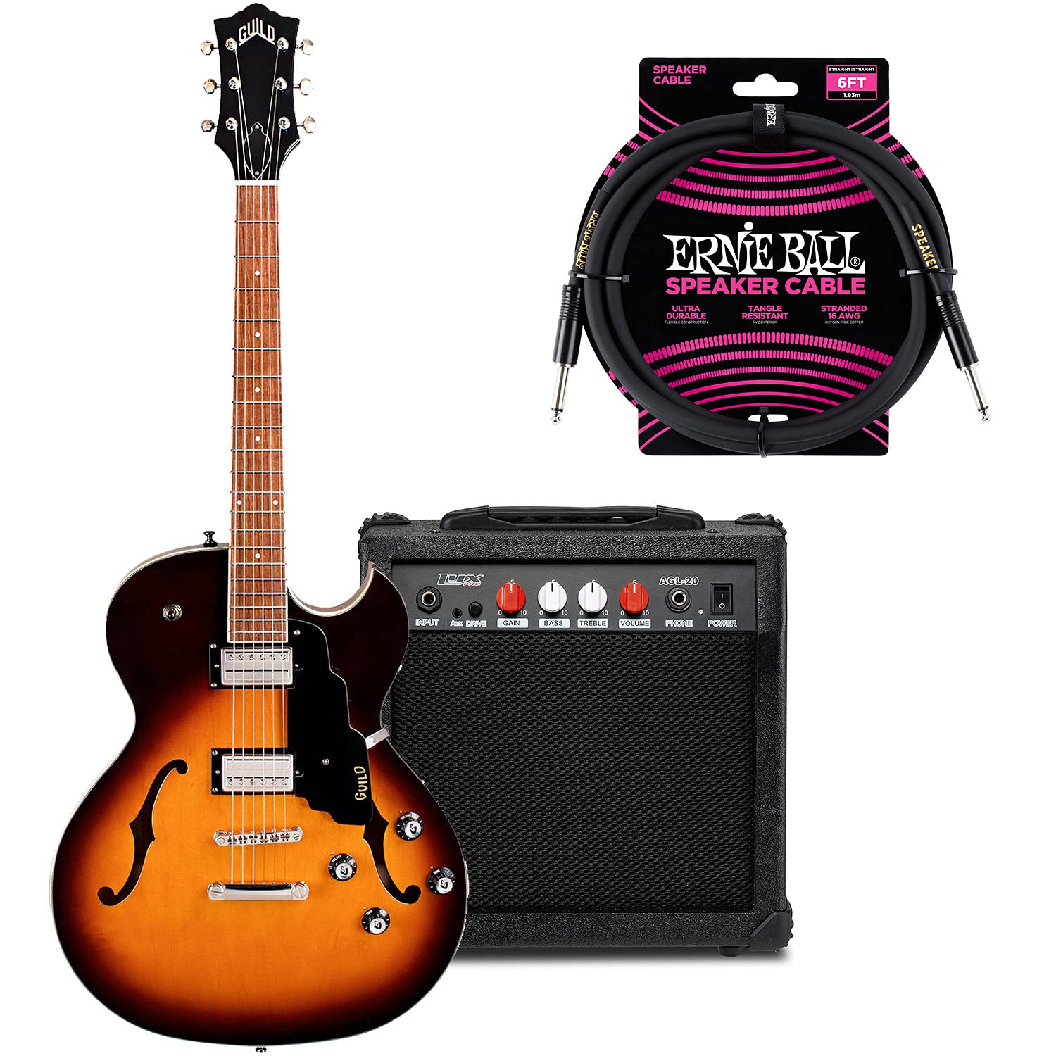 Guild Starfire I SC Semi-Hollow Electric Guitar - Antique Burst Finish with LyxPro Black Electric Guitar Amp & Ernie Ball Cable Bundle | Perfect for Stage Performances, Studio Recording & Home Practice