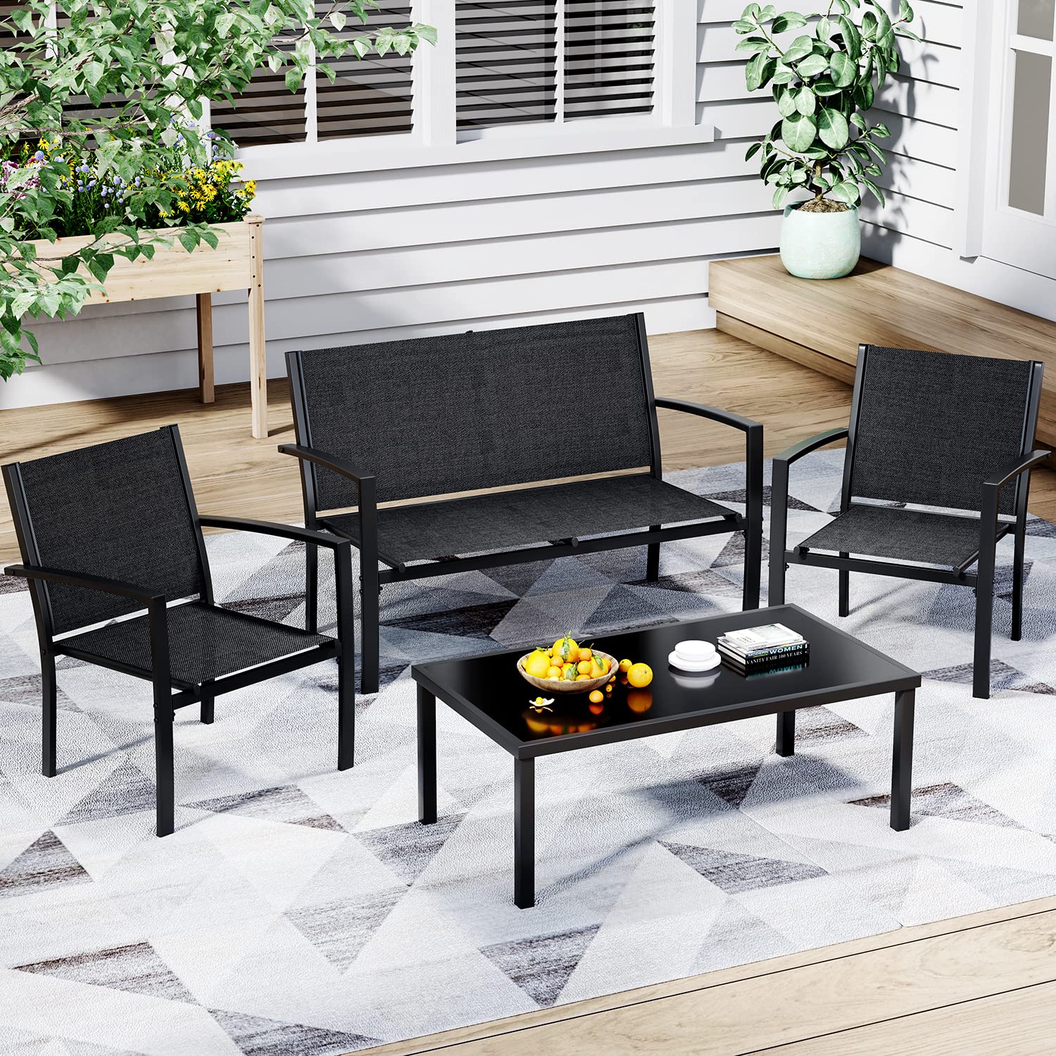 Greesum 4-Piece Outdoor Patio Furniture Set with Glass Coffee Table - Black Conversation Set for Garden, Lawn, Poolside & Backyard Relaxation | Perfect for Outdoor Entertaining & Lounging