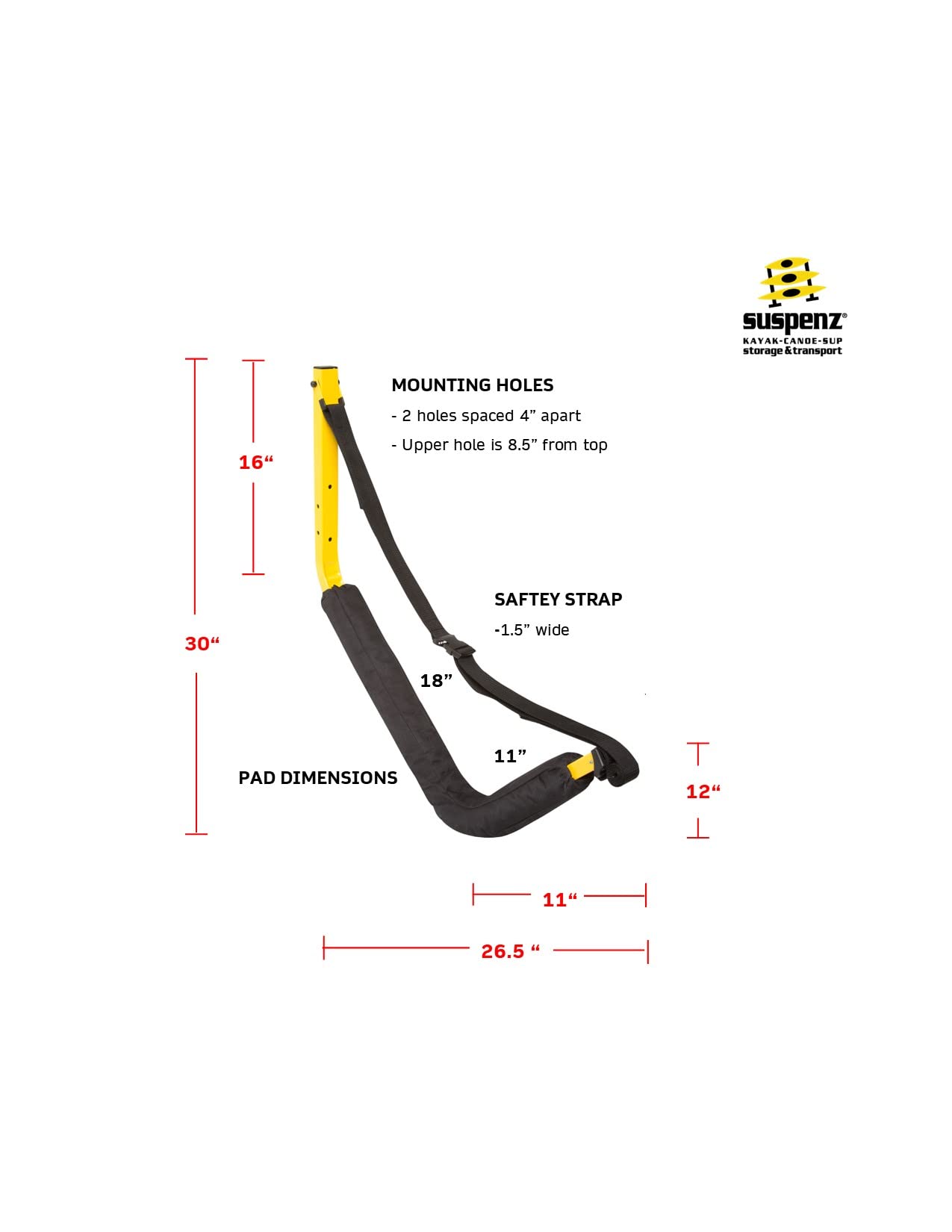 Suspenz Kayak and Canoe Storage Rack - Heavy Duty Wall Mount Hangers with Padded Foam & Safety Straps - Indoor Outdoor Kayak Holder (150 lb Capacity) - Perfect for Garage, Shed, or Dock Storage