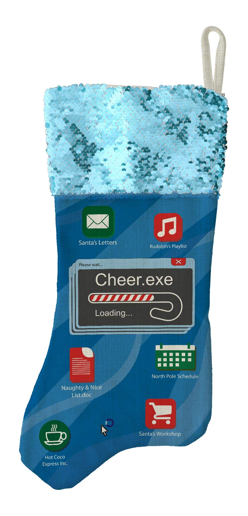 Cheer.exe Loading Christmas PC Icons Flip Sequin Stocking - Blue Computer Programmer Novelty Gift for Tech Lovers (Perfect for Office Decor, Secret Santa & Holiday Tech Enthusiasts)