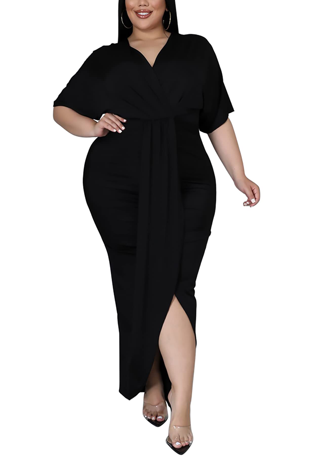 Sexy Plus Size Maxi Dress for Women - V Neck Short Sleeve Wedding Guest & Party Dress | Flattering for Curvy Figures | Perfect for Summer Weddings, Cocktail Parties & Special Occasions