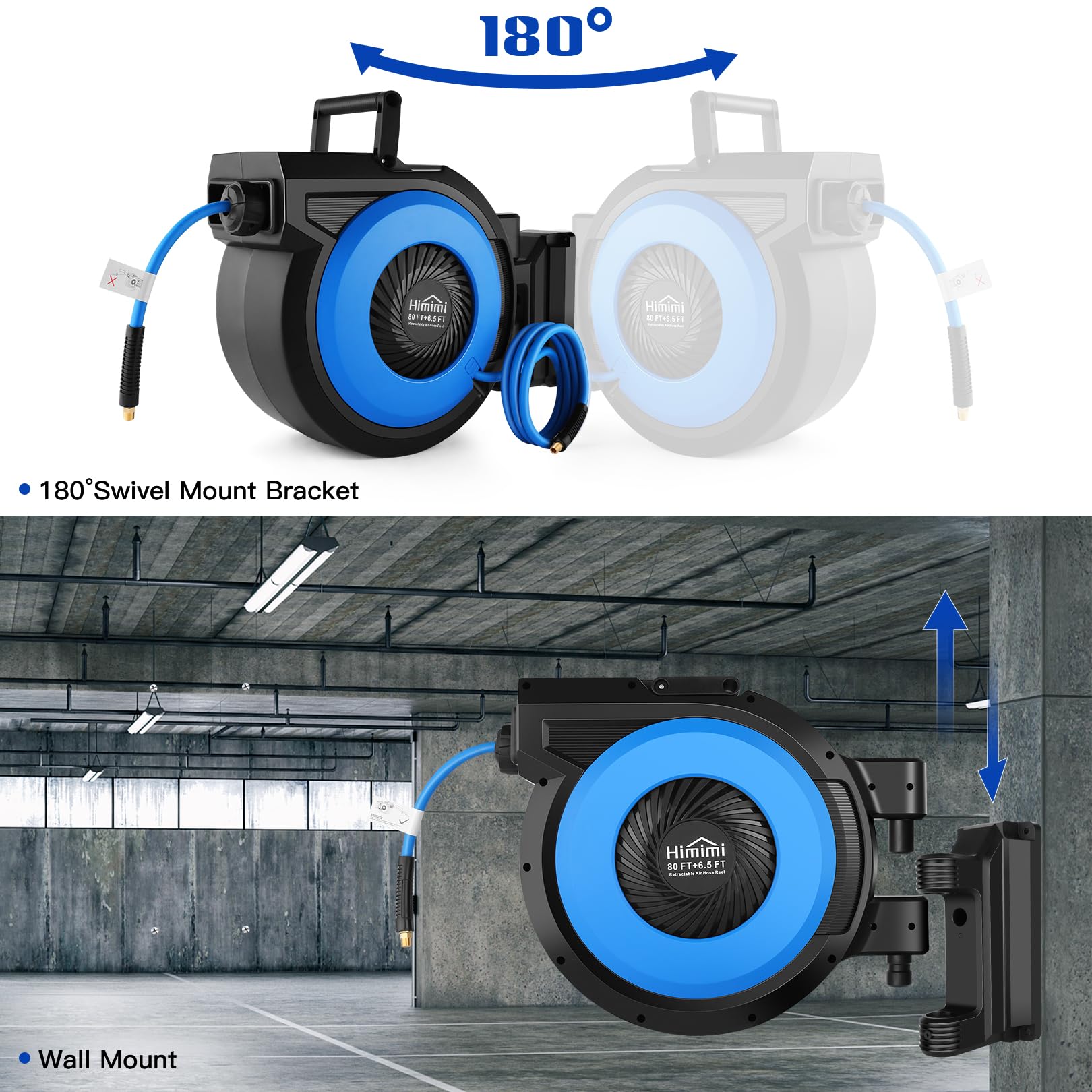 80FT + 6.5FT Retractable Air Hose Reel with Automatic Rewind | Wall Mount Pneumatic Hose for Garage & Workshop | 3/8