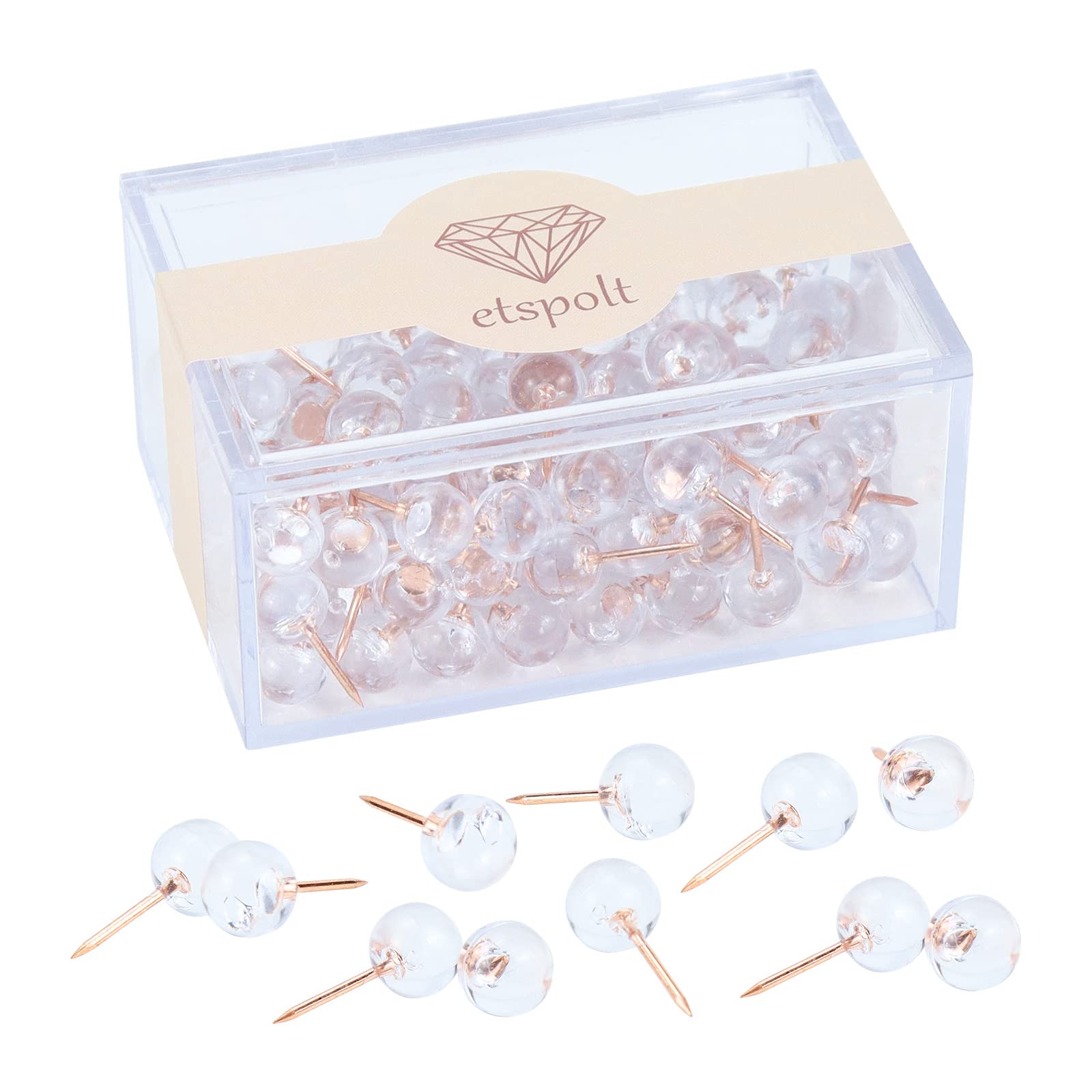 120-Count Rose Gold Steel Point Clear Round Head Push Pins - Thumb Tacks for Cork Board, Bulletin Board & Office Organization | Perfect for Home, School & Office Use