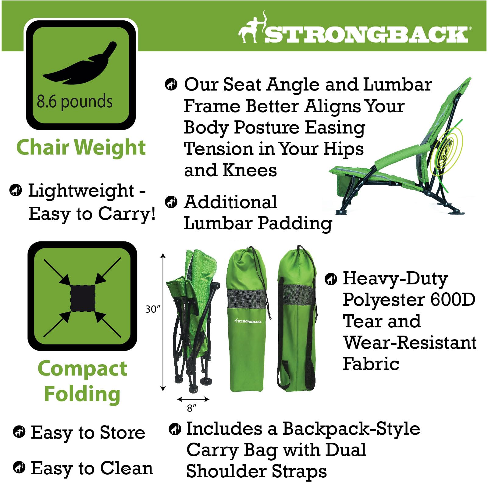 STRONGBACK Low Gravity Beach Chair with Built-in Lumbar Support - Heavy Duty Portable Folding Chair for Adults, Camping, Backyard & Poolside - Lime Green
