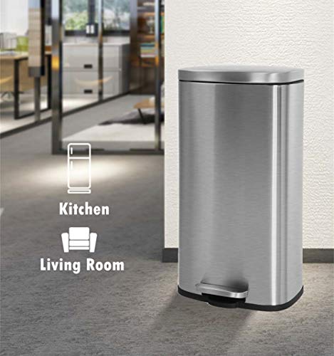 8 Gallon 30L Stainless Steel Trash Can with Lid - Fingerprint Proof Kitchen Garbage Bin, Removable Inner Bucket for Easy Cleaning - Perfect for Home, Office, Bathroom & Bedroom Waste Disposal (Brushed Silver)