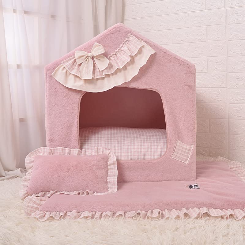 Princess Handmade Pet Dog Cat Bed - Cozy House Tent Sofa Cushion for Small Dogs & Cats - Removable Washable Warm Frame Bed Cover (Pink Grid, Medium) - Perfect for Indoor Lounging & Nap Time Comfort