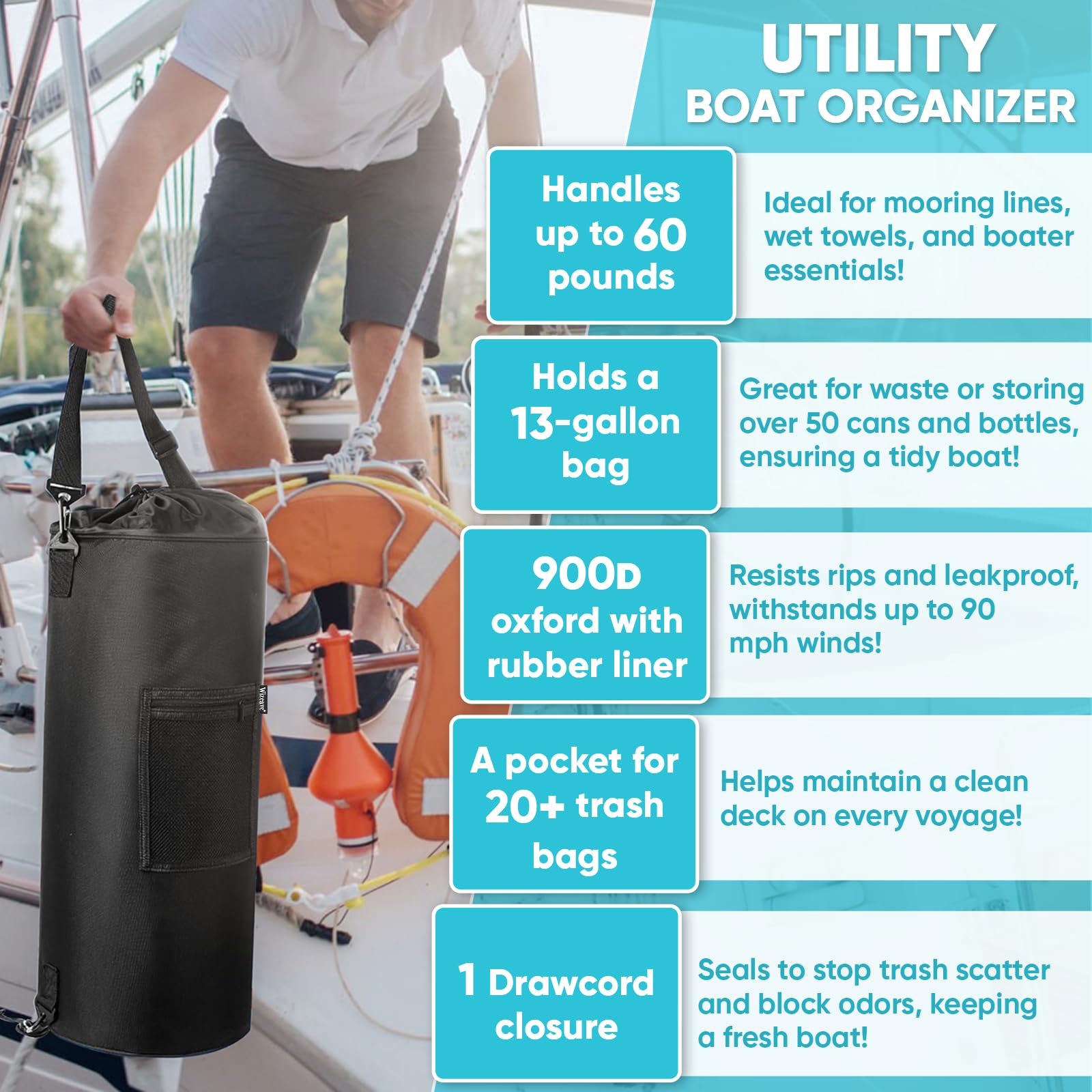 Wizcave Reusable Boat Trash Can - Leakproof 10-13 Gallon Marine Garbage Bin with Clips, Portable Pontoon Boat Storage Accessories for Boating, Camping, RV & Kayak (Classic Black) - Perfect for Outdoor Adventures & Water Activities