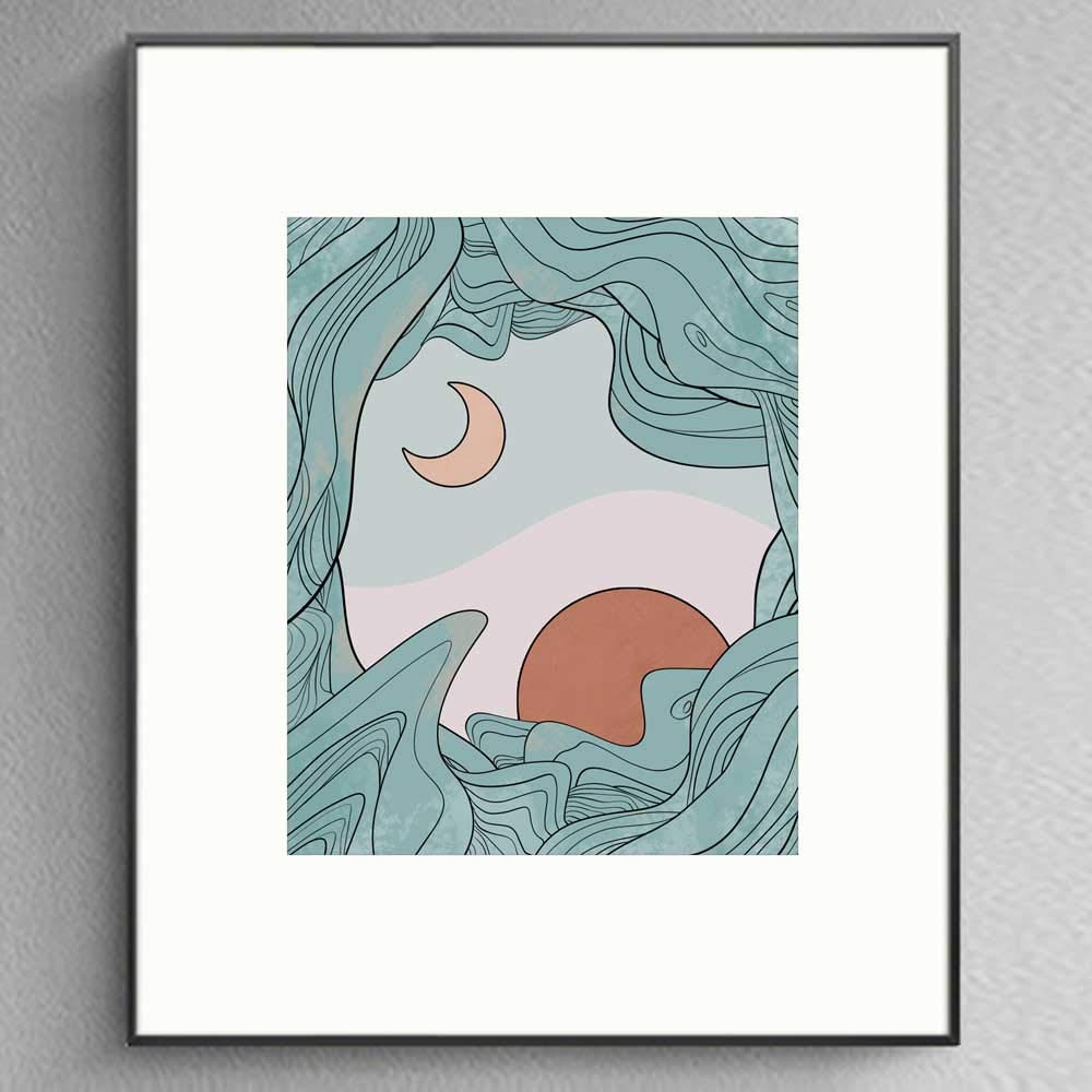 Abstract Sun and Moon Landscape Wall Art Print - Beach Sea Waves Decor - Ocean Waves Painting - Frameless 8x10 Inch - Perfect for Living Room, Bedroom & Office Wall Decor
