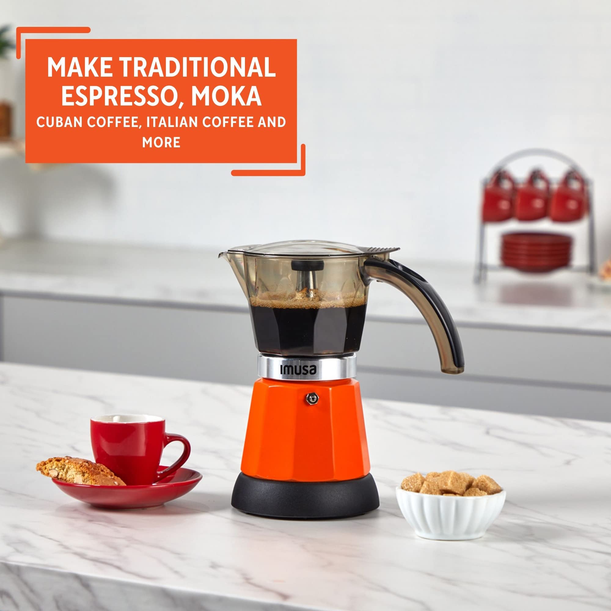 Imusa 6-Cup or 3-Cup Electric Espresso Coffee Maker Machine - Orange - Perfect for Home, Office & Small Kitchens