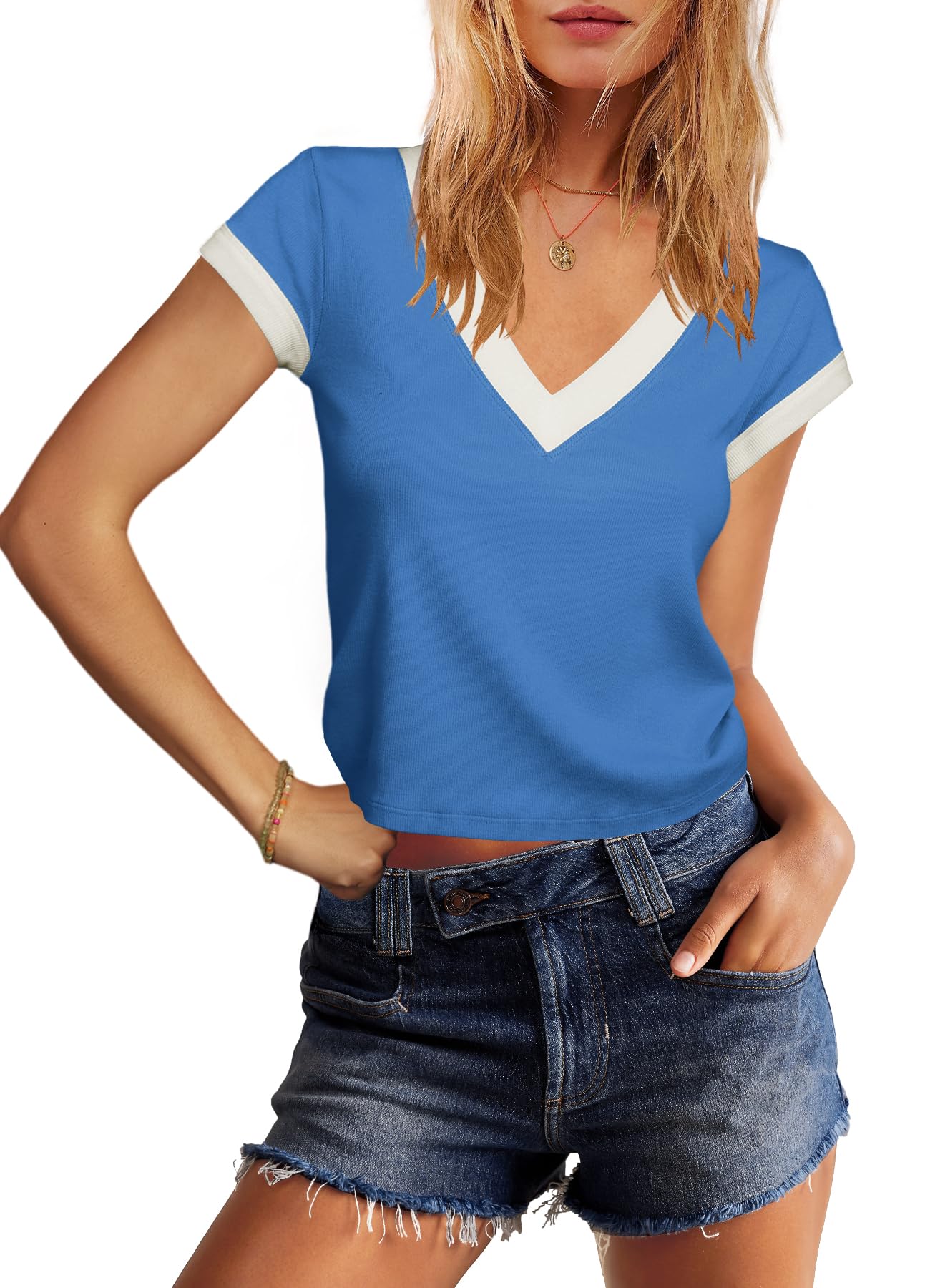 SENSERISE Women's V-Neck Cropped T-Shirt - Short Sleeve Color Block Casual Tee Top | Fitted Summer Shirt for Beach, Travel & Everyday Wear
