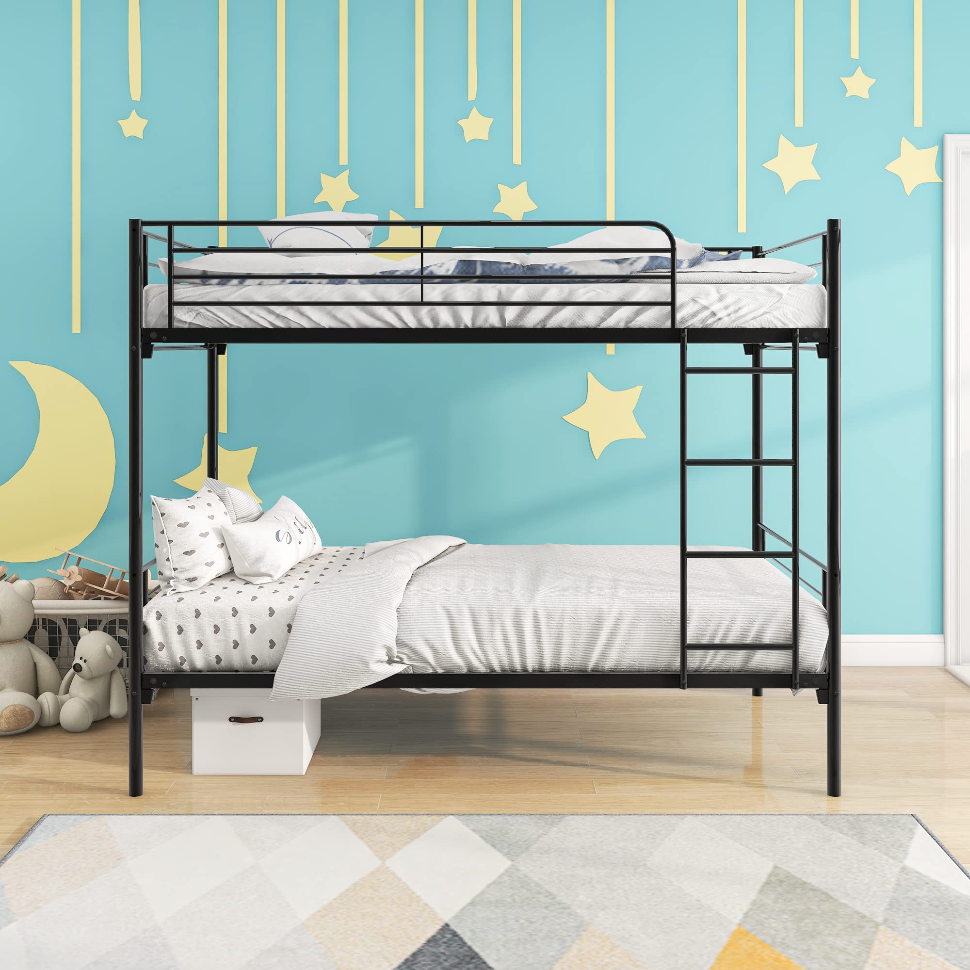 HAUSHECK Twin Over Twin Metal Bunk Bed Frame with Safety Guard Rail & Sturdy Ladder - Space Saving Bunk Beds for Kids, Teens & Adults - No Box Spring Needed - Matte Black - Perfect for Small Bedrooms, Dorms & Guest Rooms