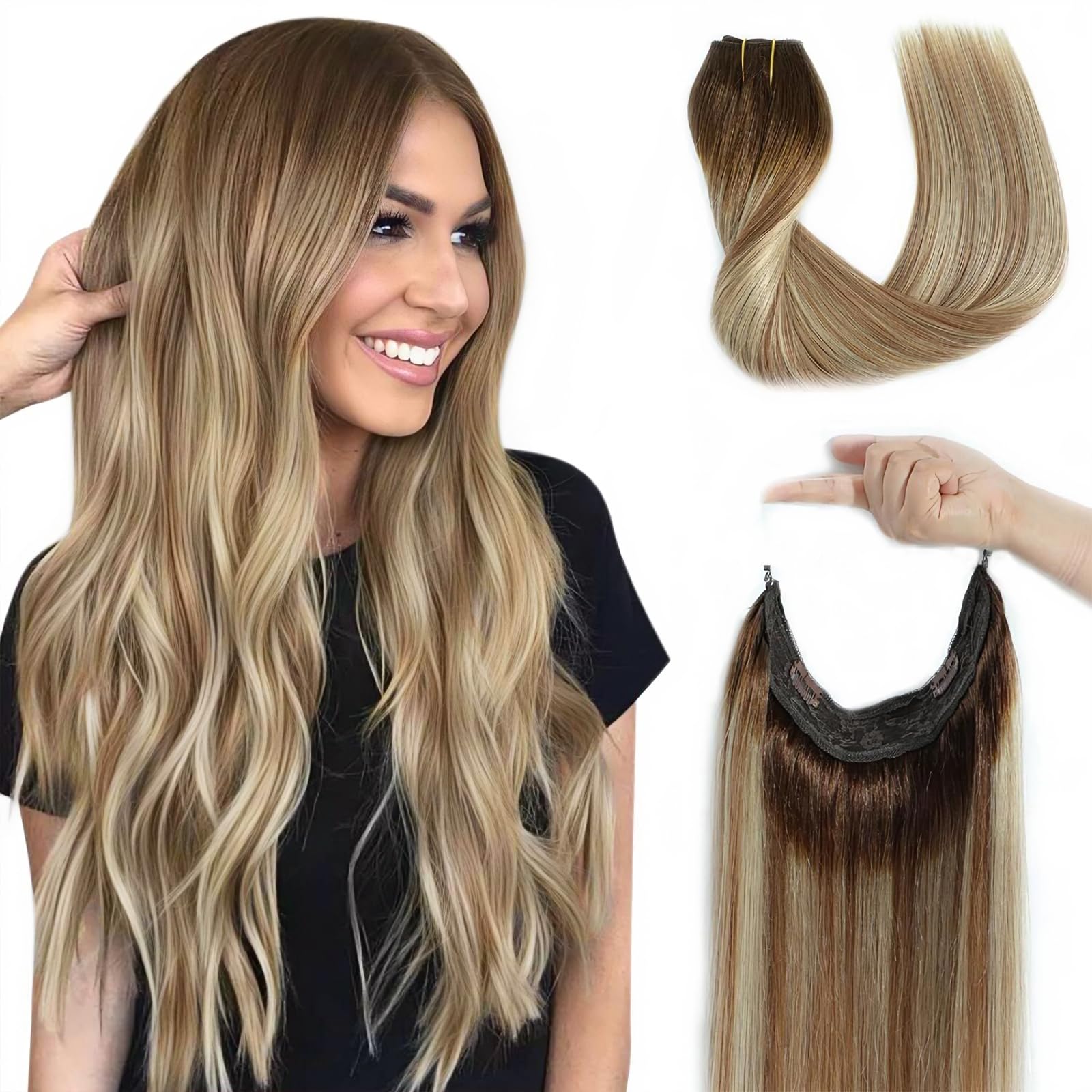 Tinashe 20-Inch Human Hair Clip-In Extensions - Chocolate Brown, Ash Brown & Honey Blonde - 90g Invisible Wire Hair Extensions with Secret Headband for Natural Volume & Styling | Perfect for Parties, Weddings & Daily Wear