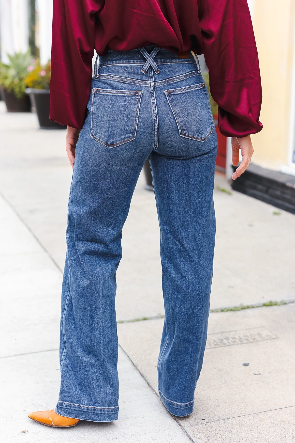 Judy Blue High Rise Double Button Crisscross Detail Wide Leg Jeans for Women - Comfortable Stretch Denim Pants for Casual Wear & Everyday Outfits