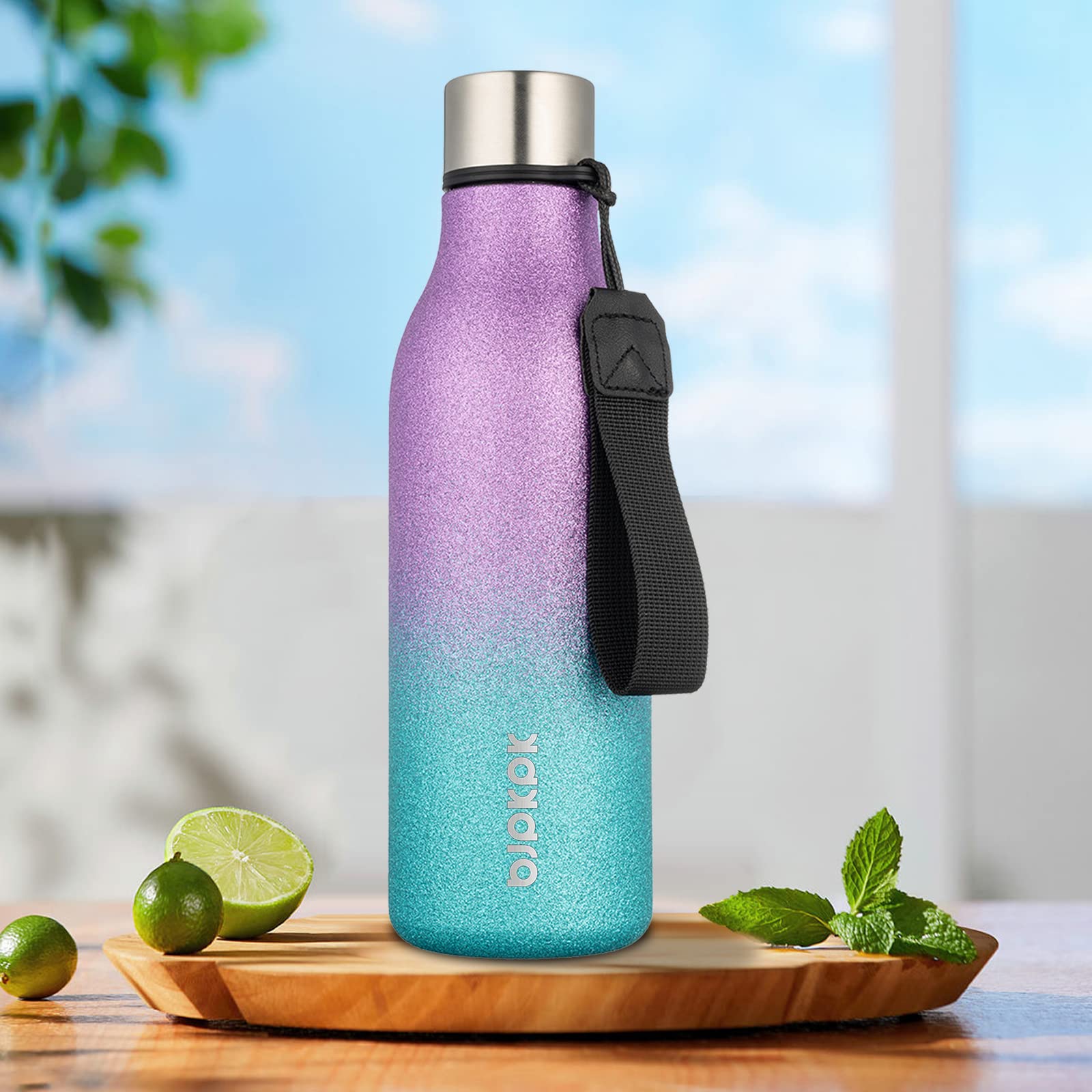 BJPKPK 18 oz Insulated Stainless Steel Water Bottle with Strap - BPA Free, Leak Proof Thermos for Sports, Gym, Hiking & Travel - Reusable Metal Water Bottle in Sparkling Purple & Green - Perfect for Outdoor Adventures, Workouts and Daily Hydration