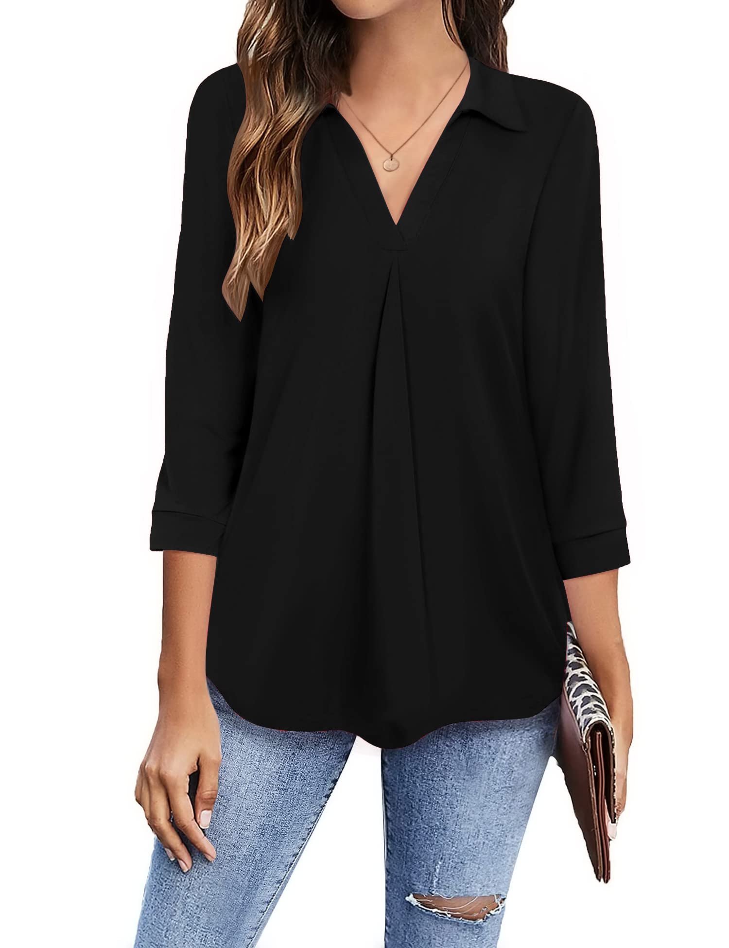 Newchoice Women's Collared V-Neck 3/4 Sleeve Blouse - Business Casual Tops, Loose Fit Work Shirts (S-3XL) for Office, Meetings & Professional Occasions