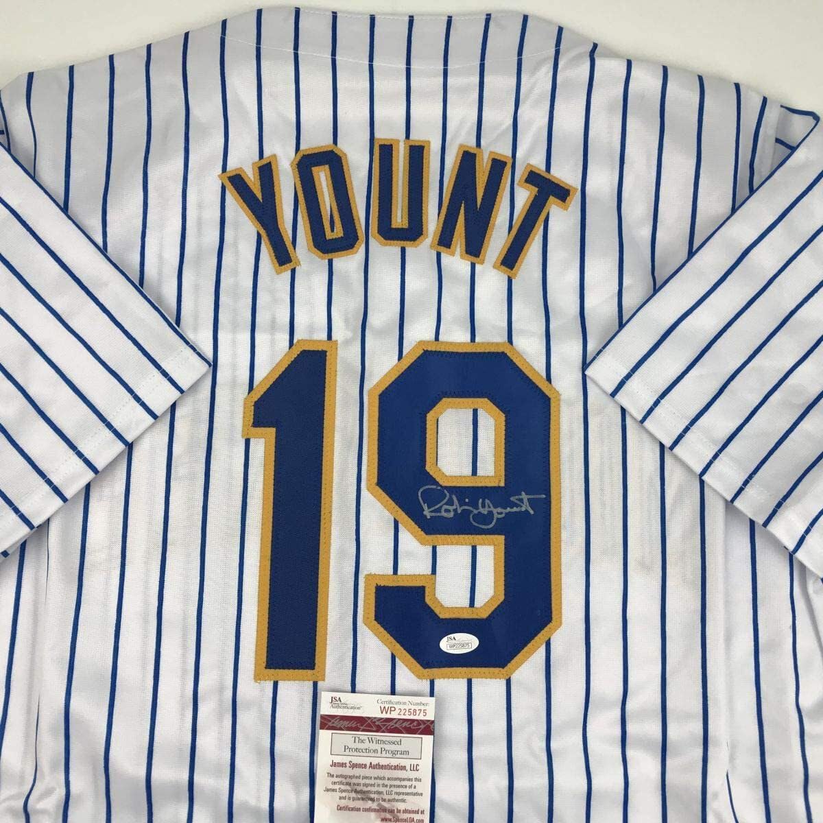 **Authentic Autographed Robin Yount Milwaukee Brewers Pinstripe Baseball Jersey with JSA COA – Perfect for Collectors, Fans, and Sports Memorabilia Displays**