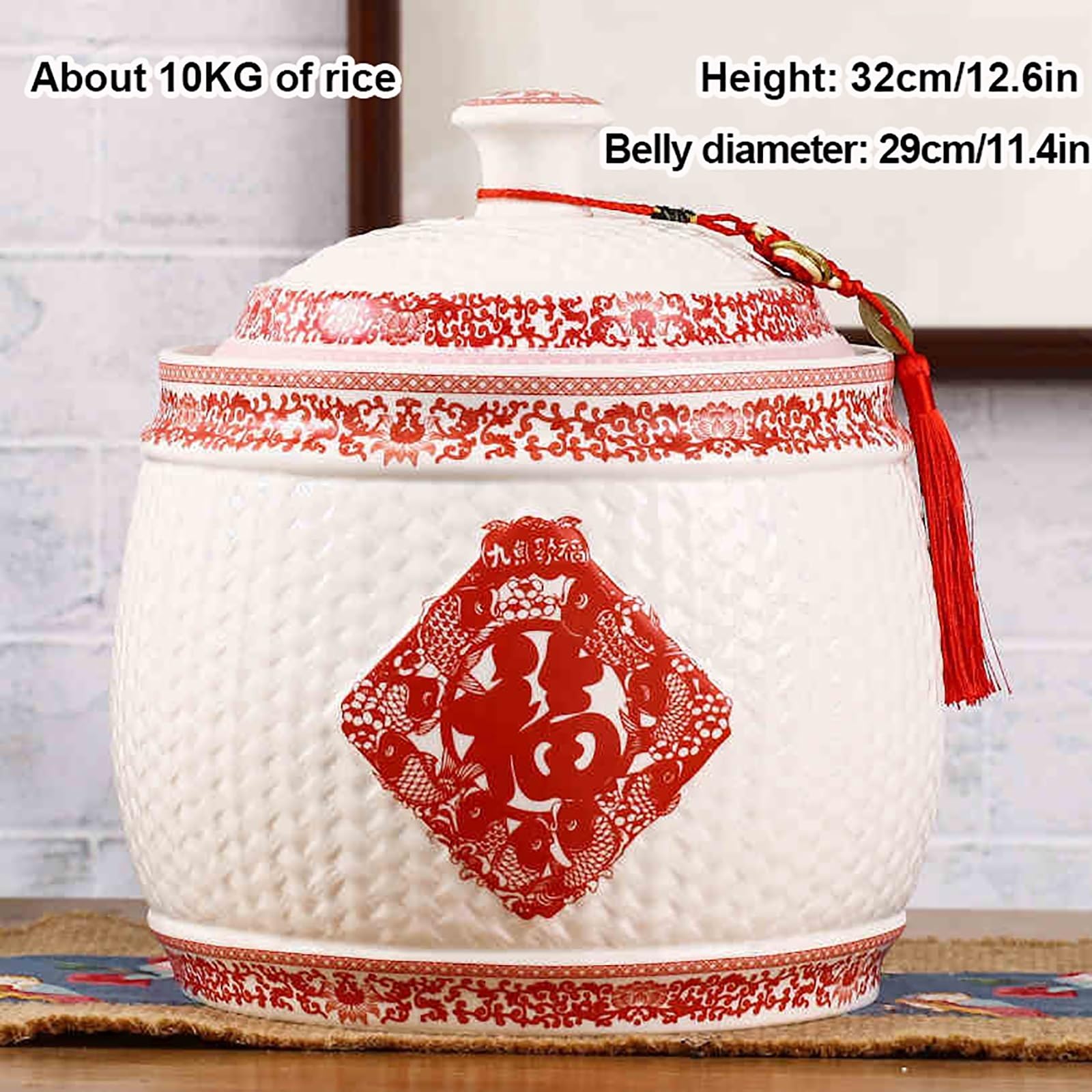 Large Airtight Ceramic Rice Storage Container with Tassel Design - 10L Capacity Grain Dispenser for Rice, Snacks, Coffee Beans & Dry Food | Perfect for Kitchen Pantry Organization & Bulk Food Storage