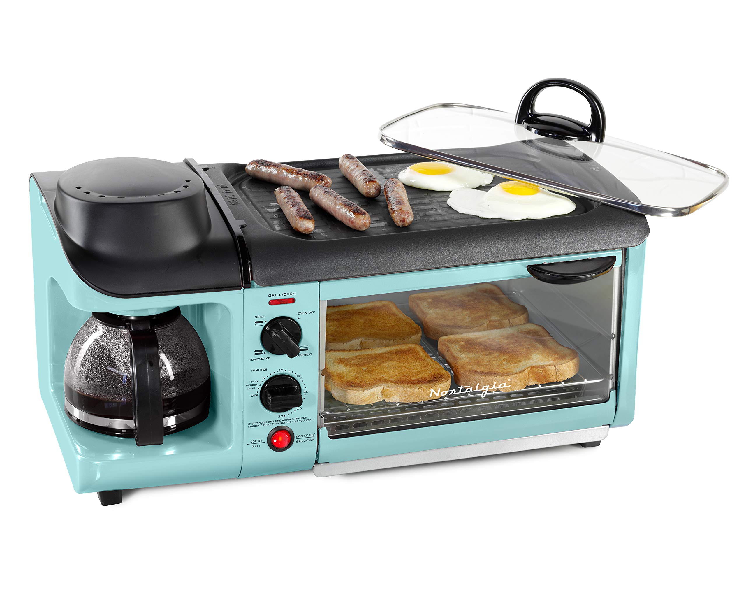 Nostalgia 3-in-1 Breakfast Station with Coffee Maker, Non-Stick Griddle & 4-Slice Toaster Oven | Versatile Breakfast Maker with Timer | Perfect for Small Kitchens, Dorms & RV Living | Aqua