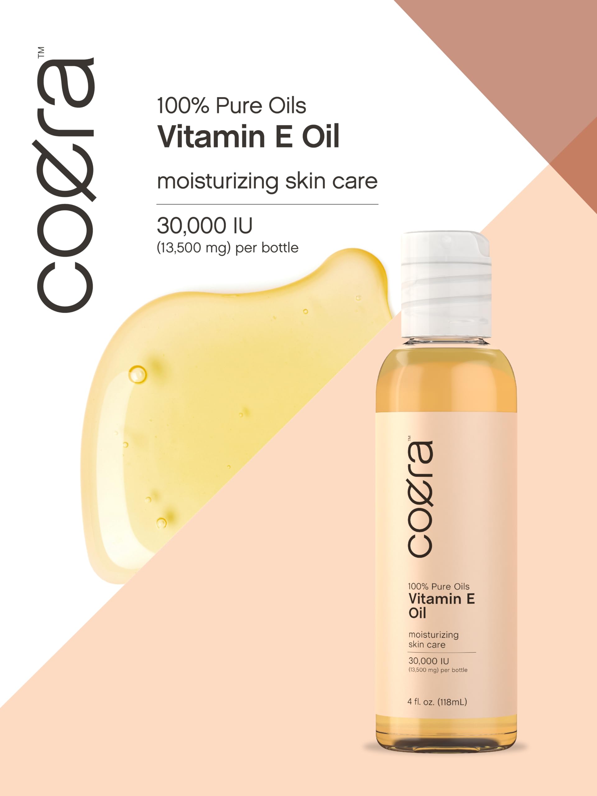 Coera Pure Vitamin E Oil for Skin & Hair - 30,000 IU, 4 fl oz | 100% Natural Moisturizer | Paraben-Free, SLS-Free, Fragrance-Free | Face, Body & Hair Care | Anti-Aging & Scar Treatment