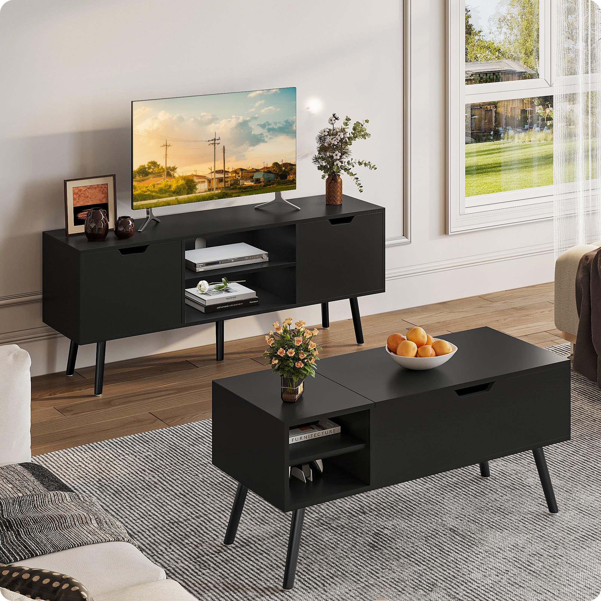 ALINE FURNITURE Black TV Stand - Wooden TV Console Cabinet for 50 55 60 Inch Flat Screen TVs - Modern Media Entertainment Center with Storage Shelves - Perfect for Living Room, Bedroom & Home Theater Setup
