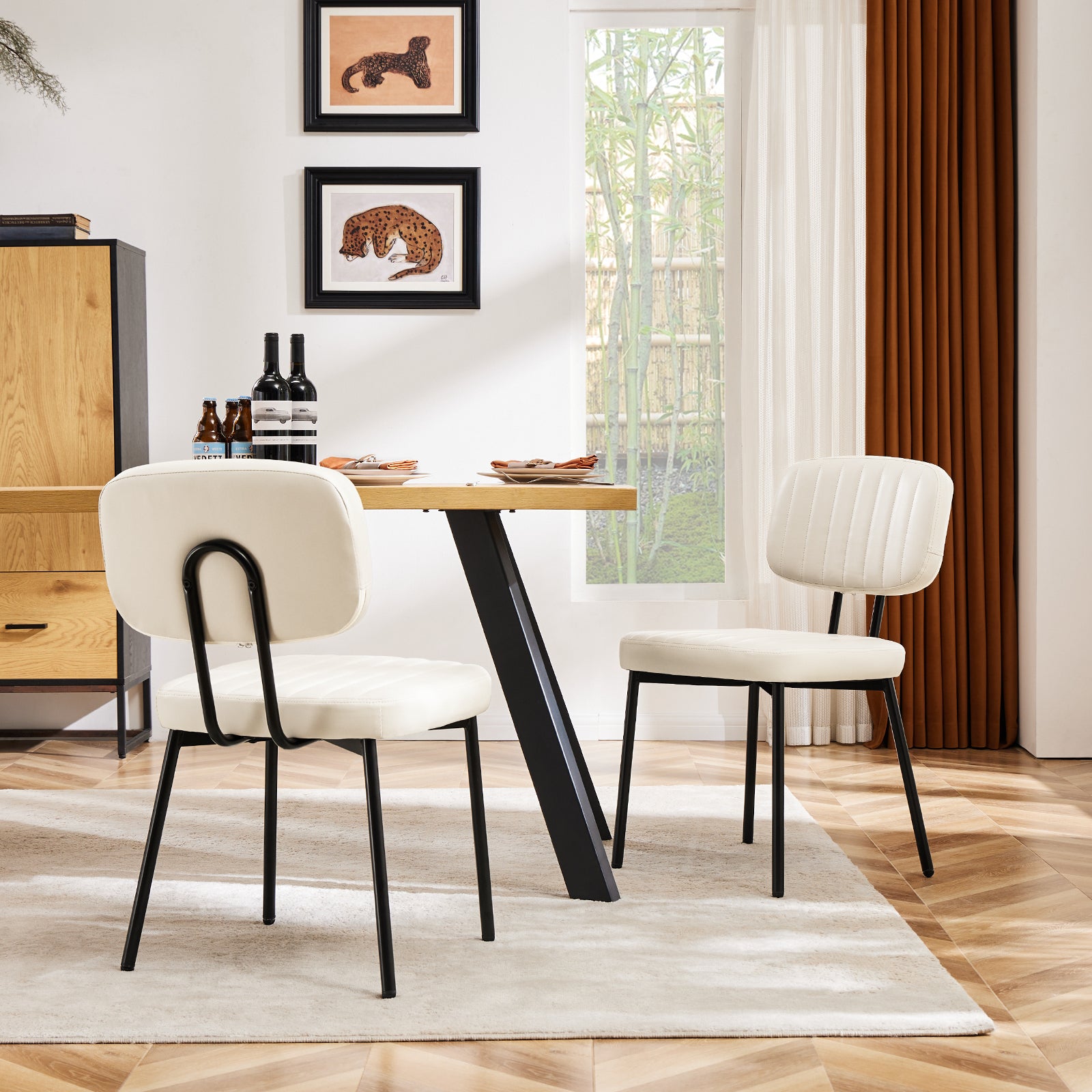 Mid Century Modern Upholstered Dining Chairs - Set of 2 White Faux Leather Cushion Seats with Metal Legs for Kitchen, Dining Room & Living Room | Perfect for Home Decor, Entertaining Guests & Small Space Furniture
