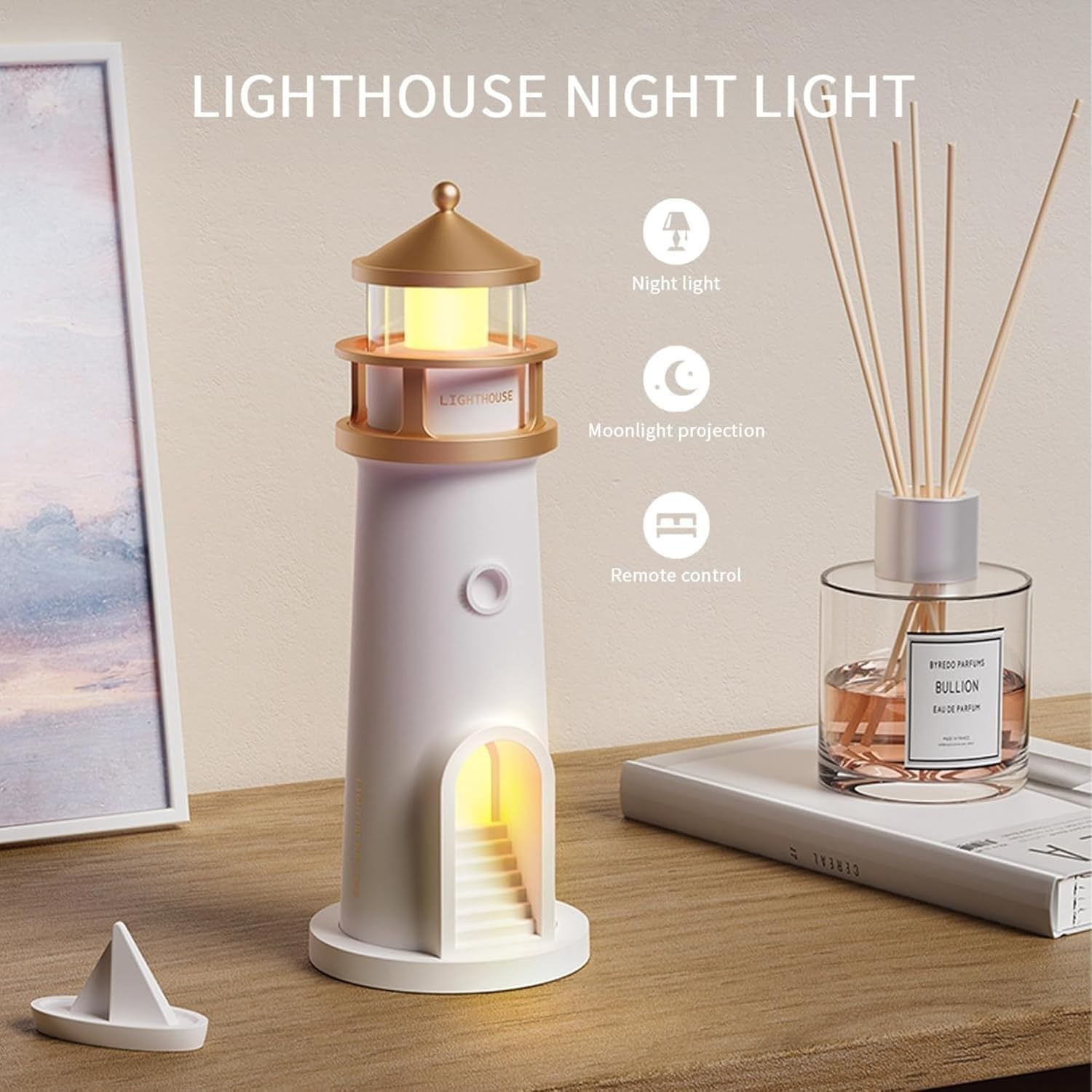 Moonlight Lighthouse Night Light - Portable LED Lighthouse Projector Lamp with Wireless Charging, Perfect for Bedroom, Nursery, Kids Room & Home Decor - Creates Soothing Ambiance for Relaxation & Sleep