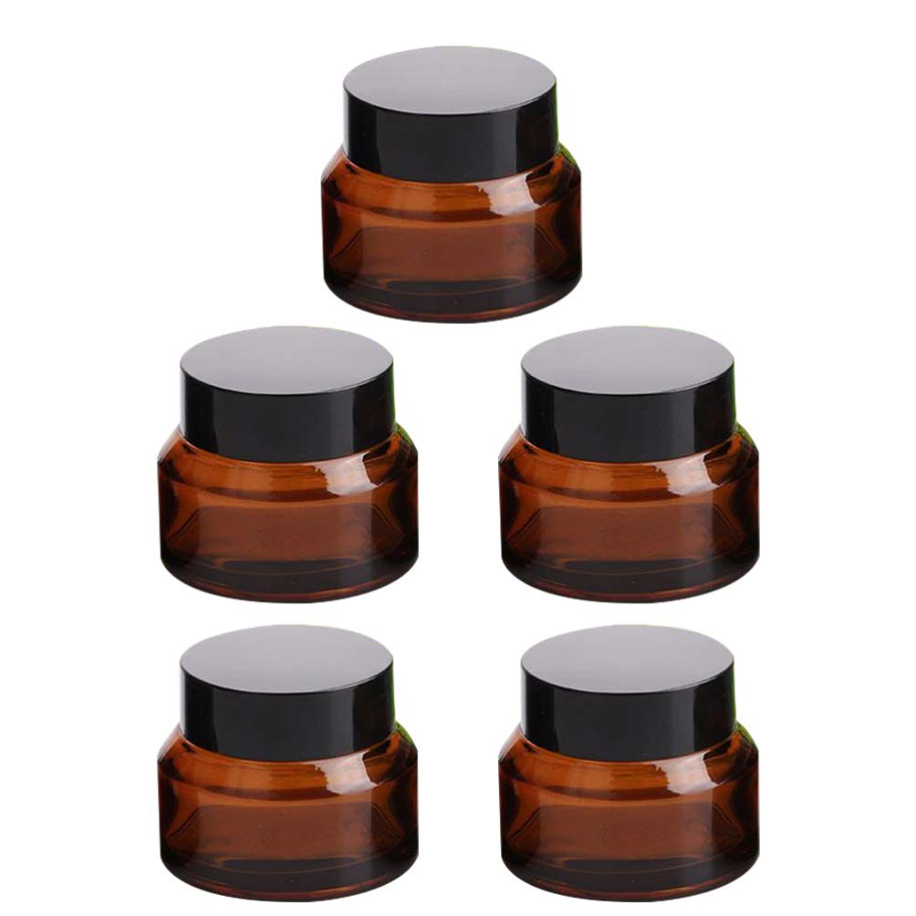 5-Pack Cabilock Brown Glass Cream Jars - 1oz Empty Cosmetic Containers for Travel, Makeup, Eye Cream & Skincare (Light-Proof, Leak-Proof) - Perfect for DIY Beauty Products, Toiletries & On-The-Go Use