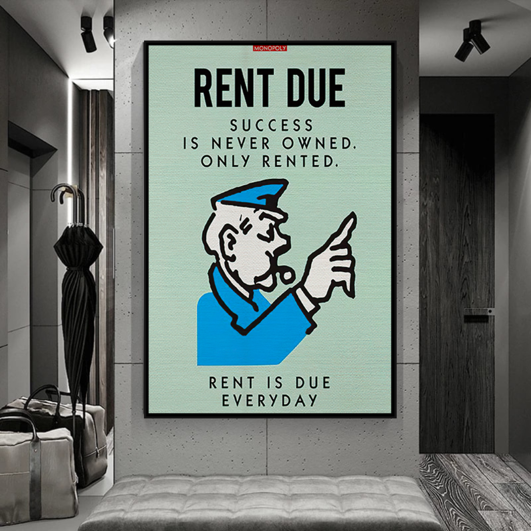 Alec Monopoly Rent Due Playing Card Canvas Wall Art - Pop Culture Home Decor for Living Room, Bedroom & Office