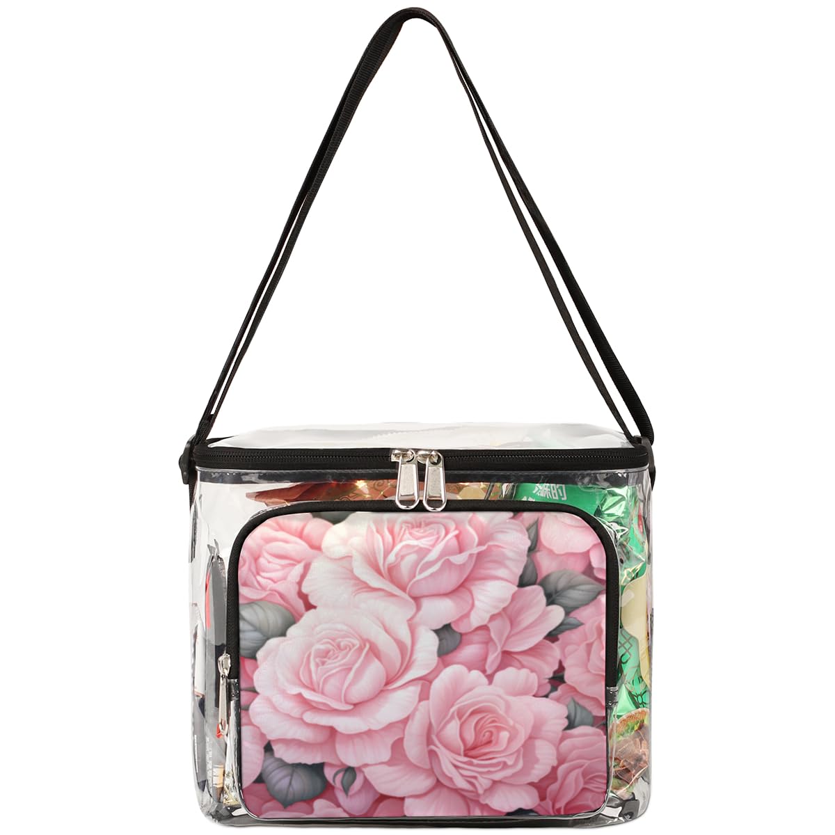 GzLeyigou Clear Transparent Tote Bag with Pink Rose Flowers - Valentine's Day Shoulder Bag for Women, Crossbody Purse for Outdoor Travel, Picnic, Concerts & Sports Events (Stadium Approved) - Perfect for Date Night, Beach Outings and Festival Accessories