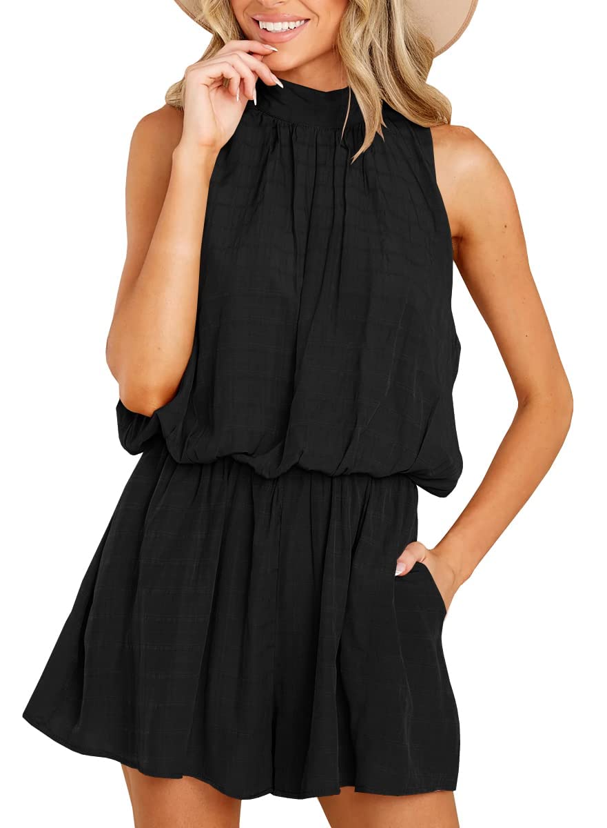 Wihion Women's Summer Sleeveless Romper Jumpsuit - Halter Neck High Waist One Piece Outfit with Pockets | Beachwear, Vacation, Casual Outing