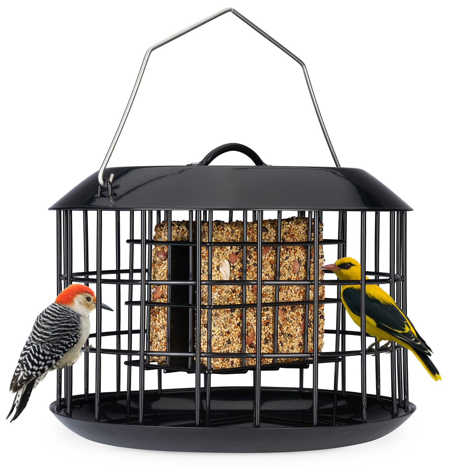 Kingsyard Squirrel Proof Suet Feeder - All Metal Outdoor Hanging Bird Feeder with Double Suet Cake Capacity, Tray & Weatherproof Design (Black) - Perfect for Backyard Bird Watching & Wildlife Attraction